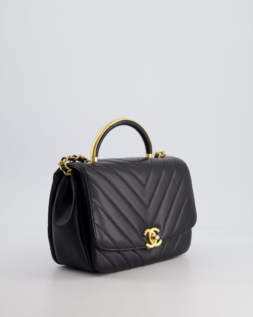 Chanel Black Top Handle Flap Bag in Chevron Lambskin with Antique Gold Hardware