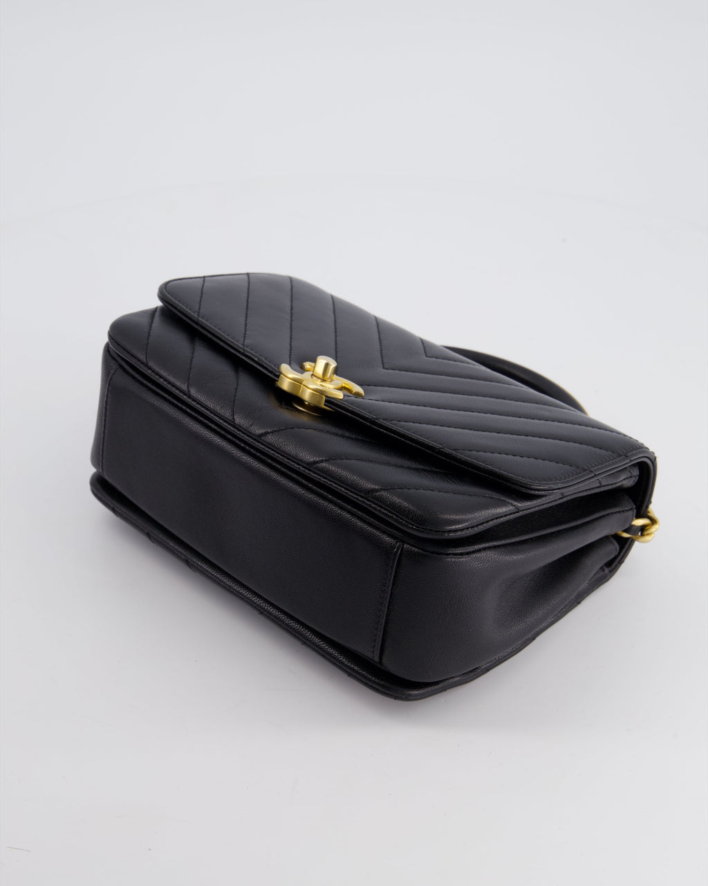 Chanel Black Top Handle Flap Bag in Chevron Lambskin with Antique Gold Hardware