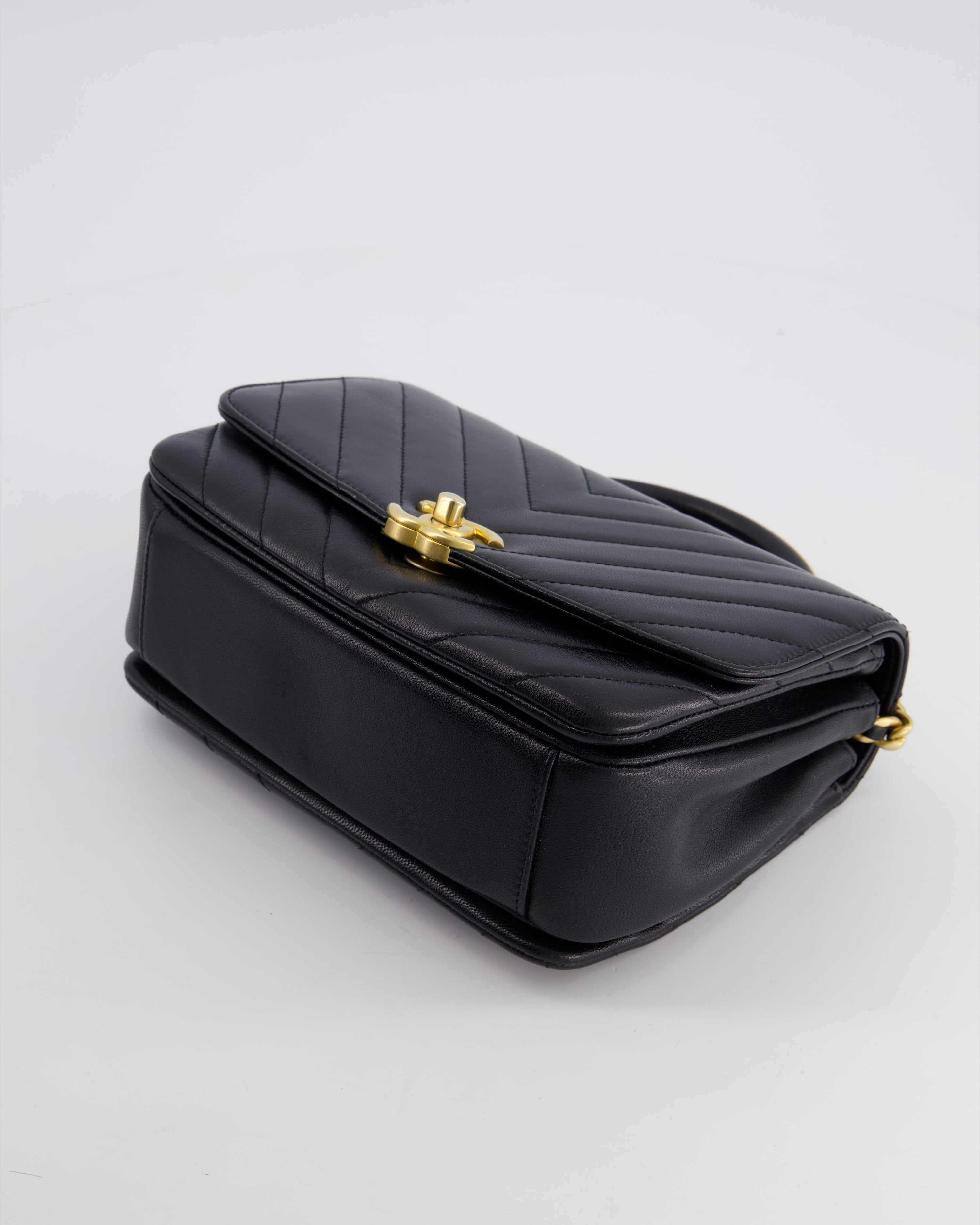 Chanel Black Top Handle Flap Bag in Chevron Lambskin with Antique Gold Hardware