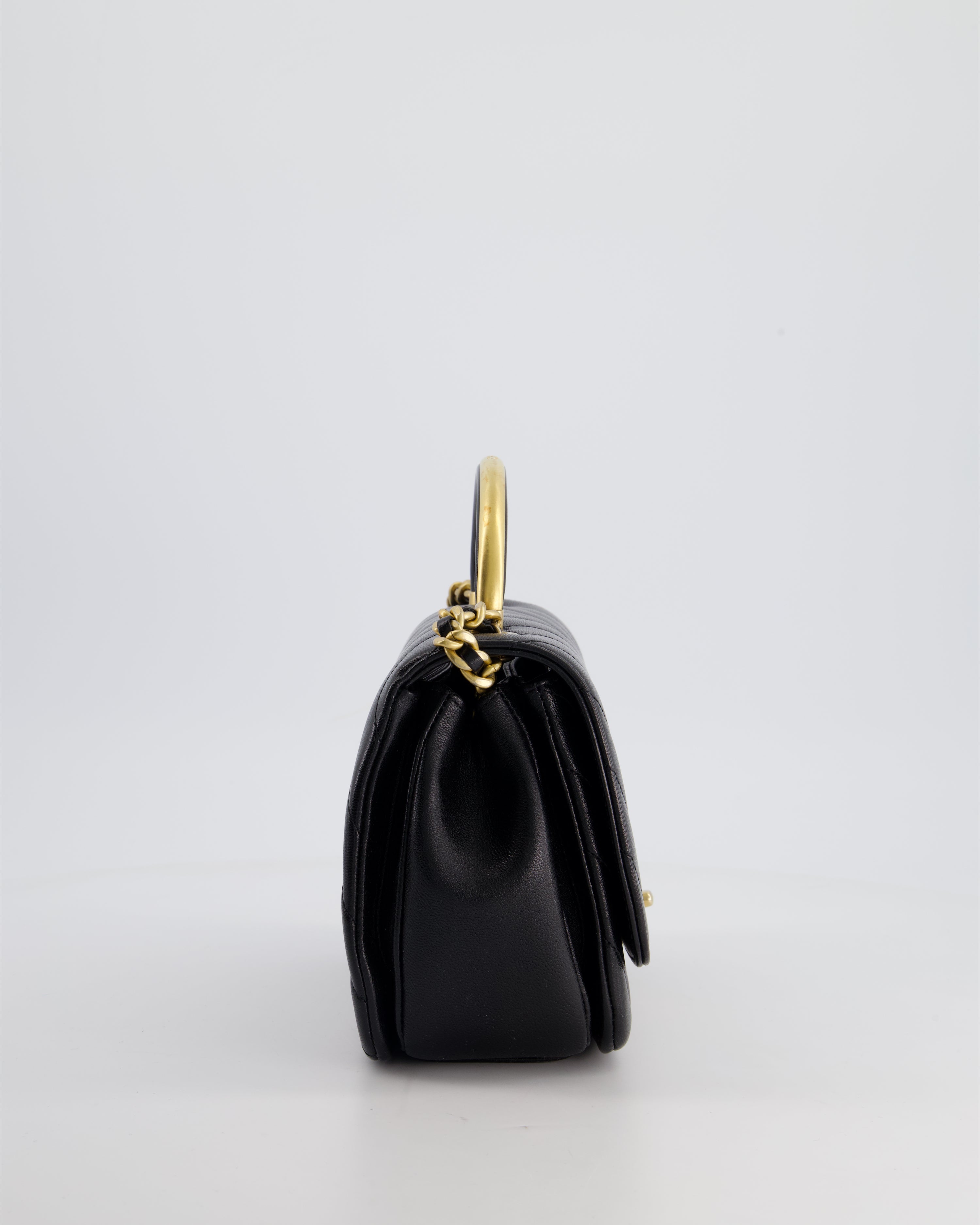 Chanel Black Top Handle Flap Bag in Chevron Lambskin with Antique Gold Hardware
