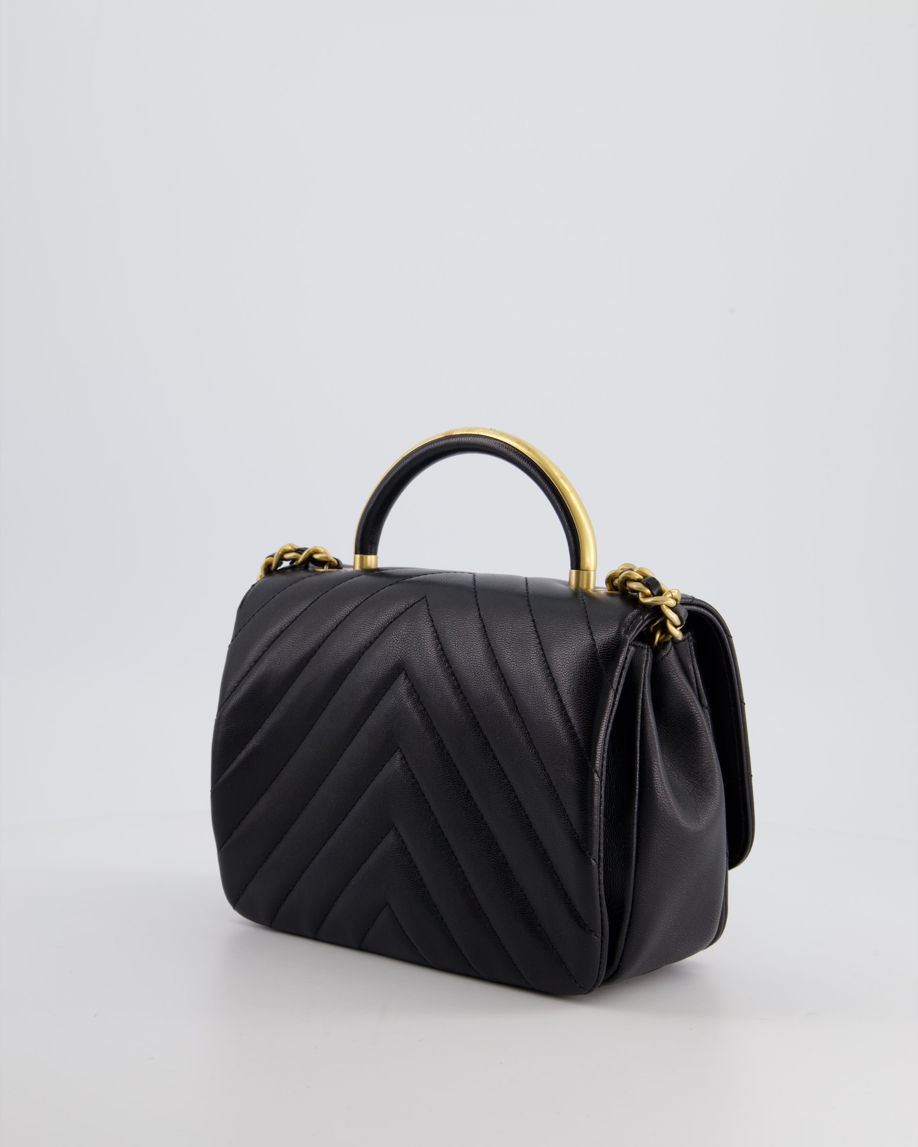 Chanel Black Top Handle Flap Bag in Chevron Lambskin with Antique Gold Hardware
