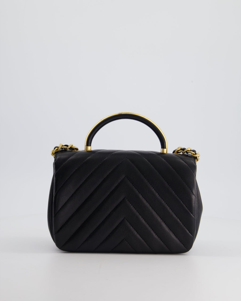 Chanel Black Top Handle Flap Bag in Chevron Lambskin with Antique Gold Hardware