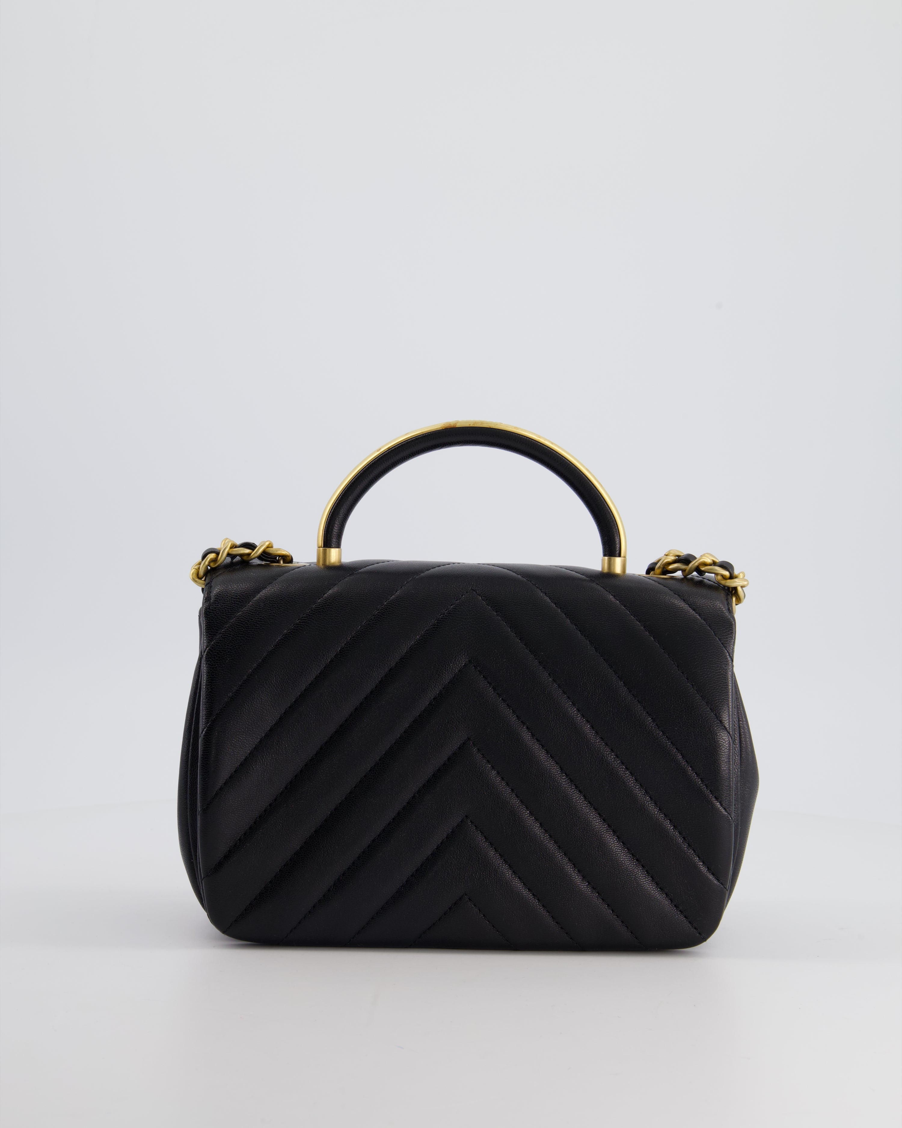 Chanel Black Top Handle Flap Bag in Chevron Lambskin with Antique Gold Hardware