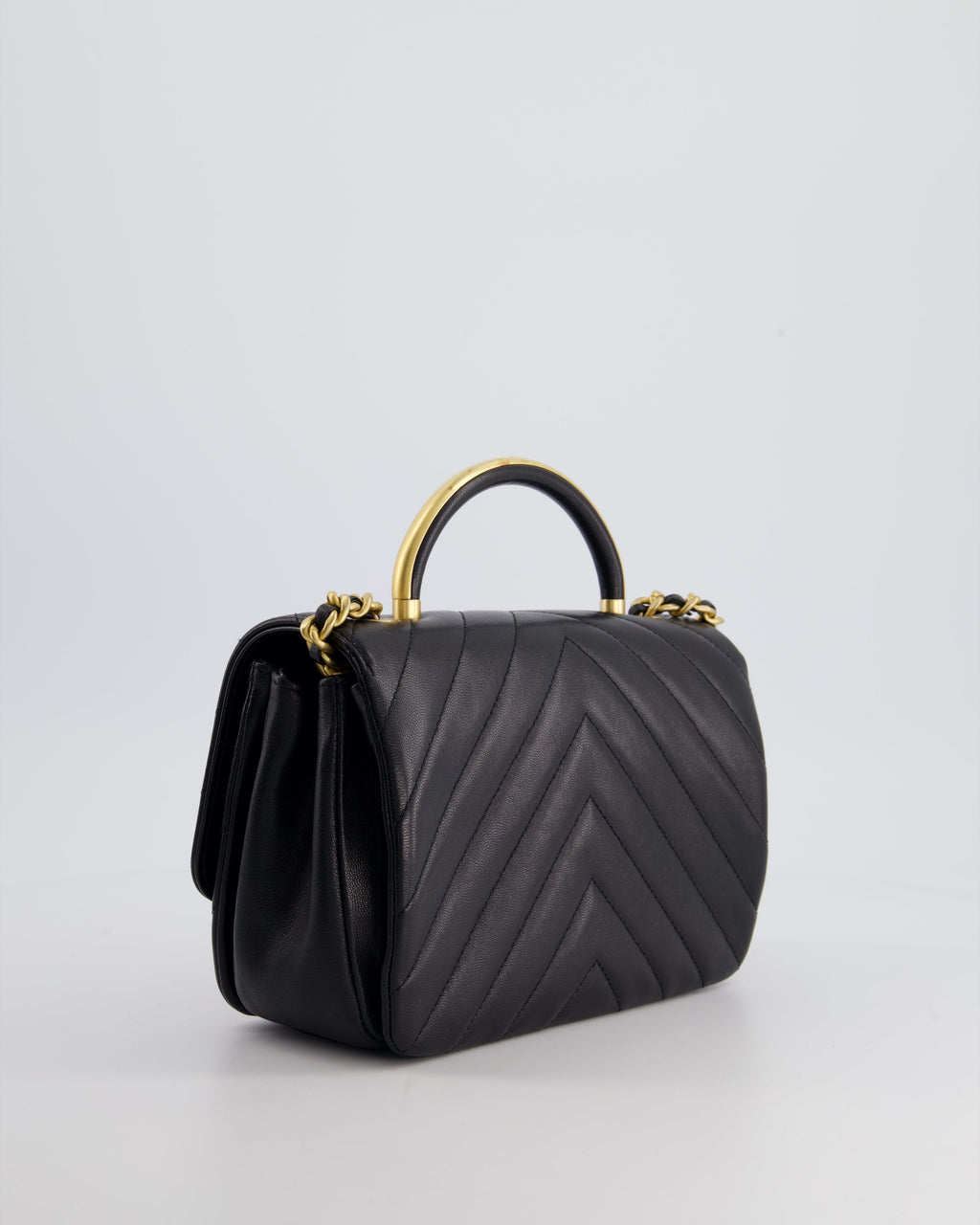 Chanel Black Top Handle Flap Bag in Chevron Lambskin with Antique Gold Hardware