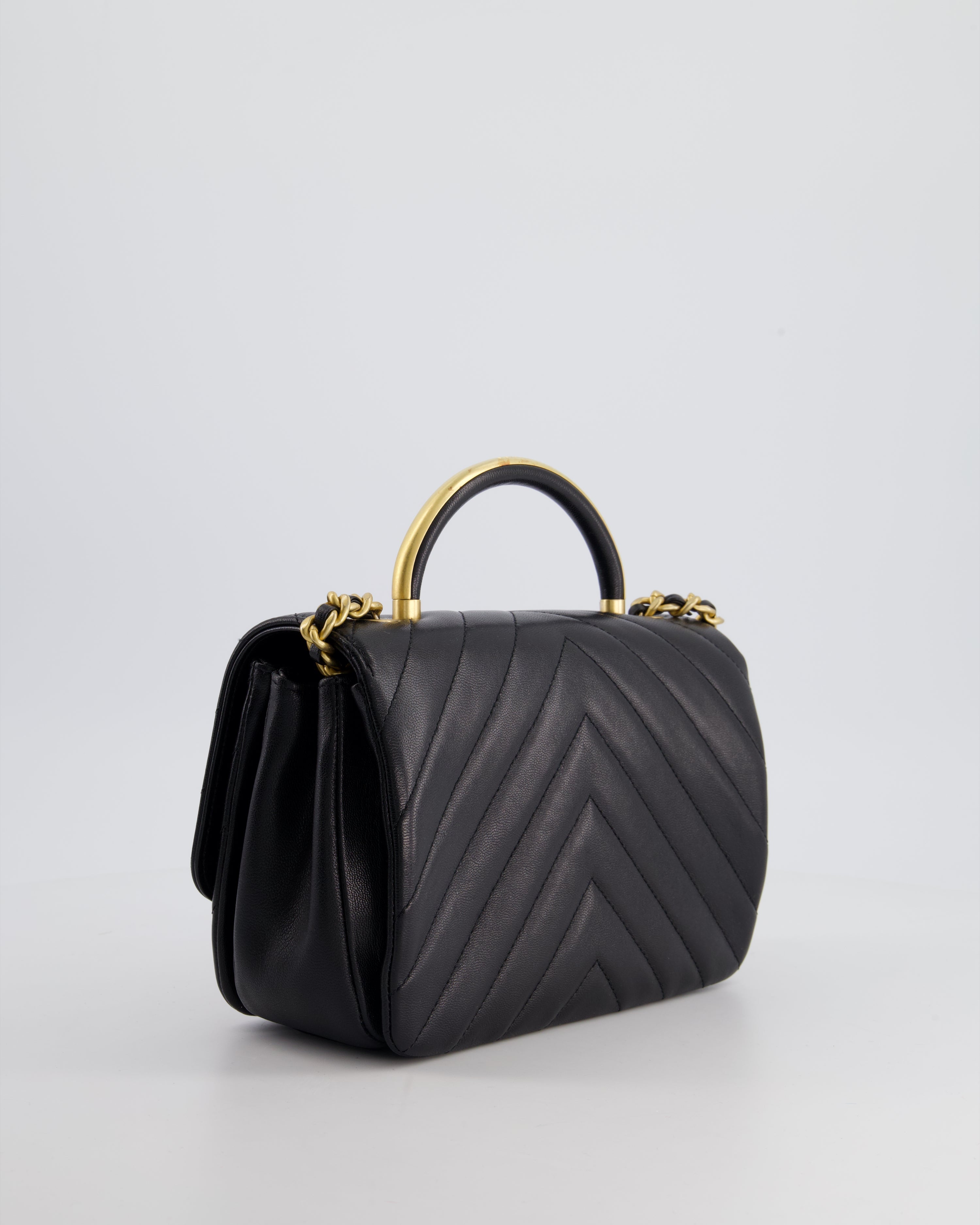 Chanel Black Top Handle Flap Bag in Chevron Lambskin with Antique Gold Hardware