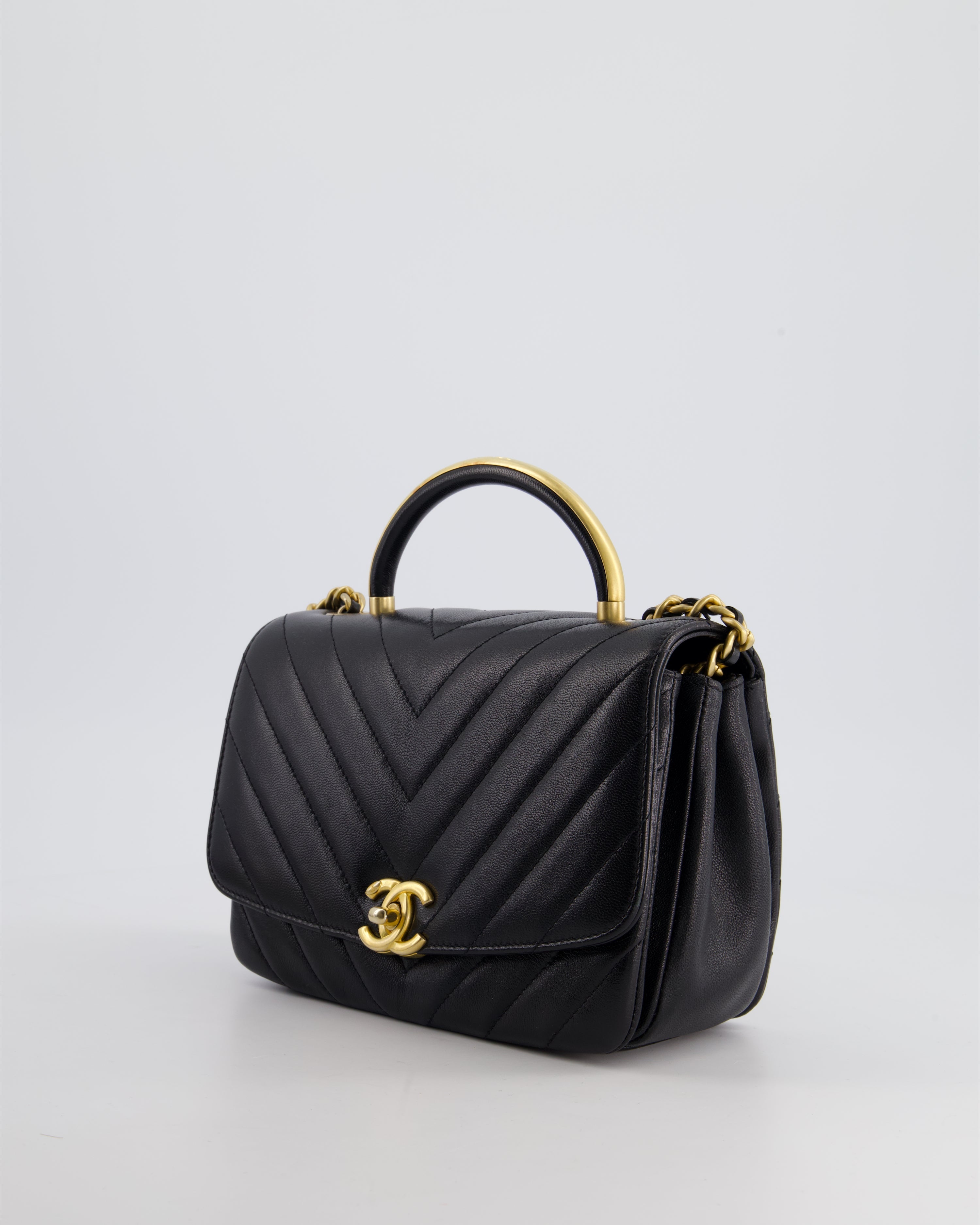 Chanel Black Top Handle Flap Bag in Chevron Lambskin with Antique Gold Hardware