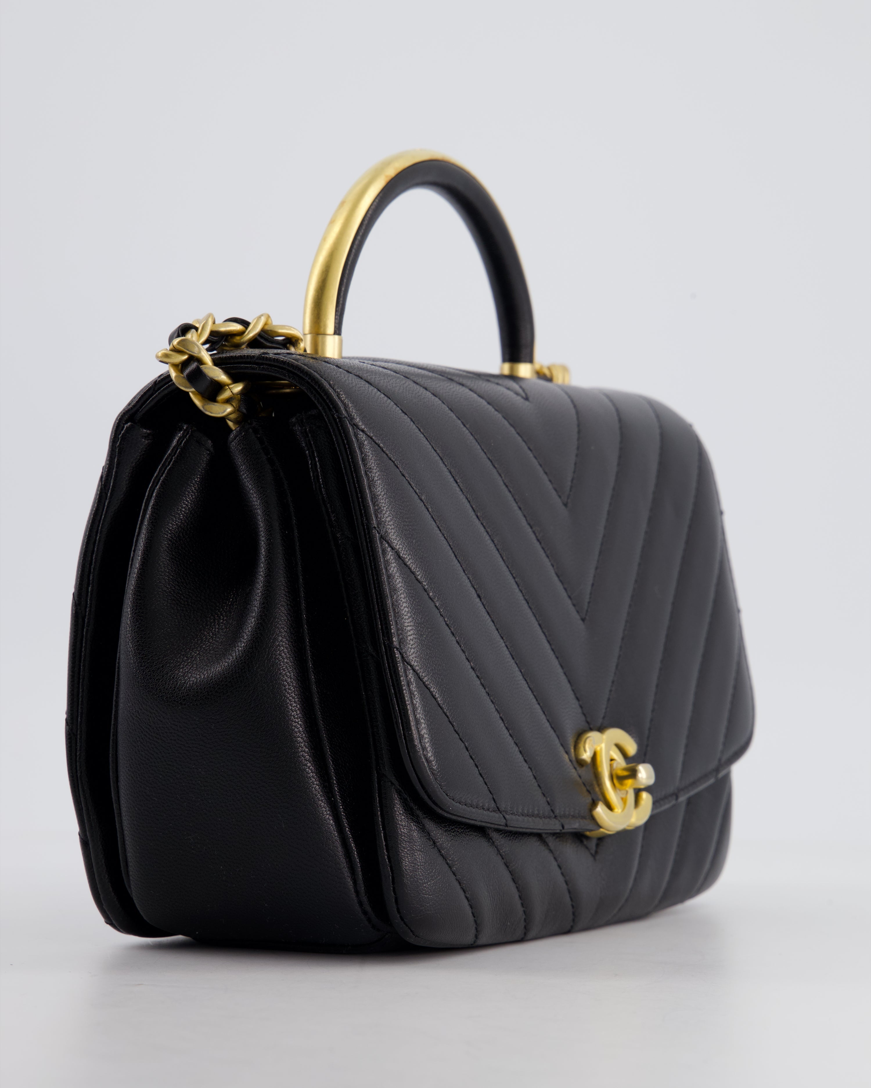 Chanel Black Top Handle Flap Bag in Chevron Lambskin with Antique Gold Hardware