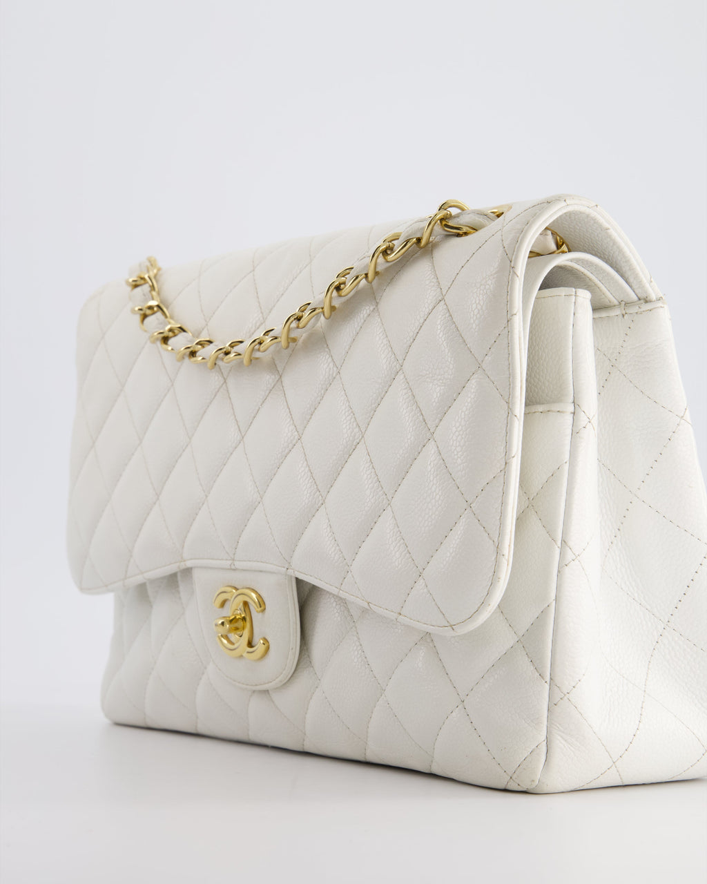 Chanel White Caviar Jumbo Classic Double Flap Bag with Gold Hardware
