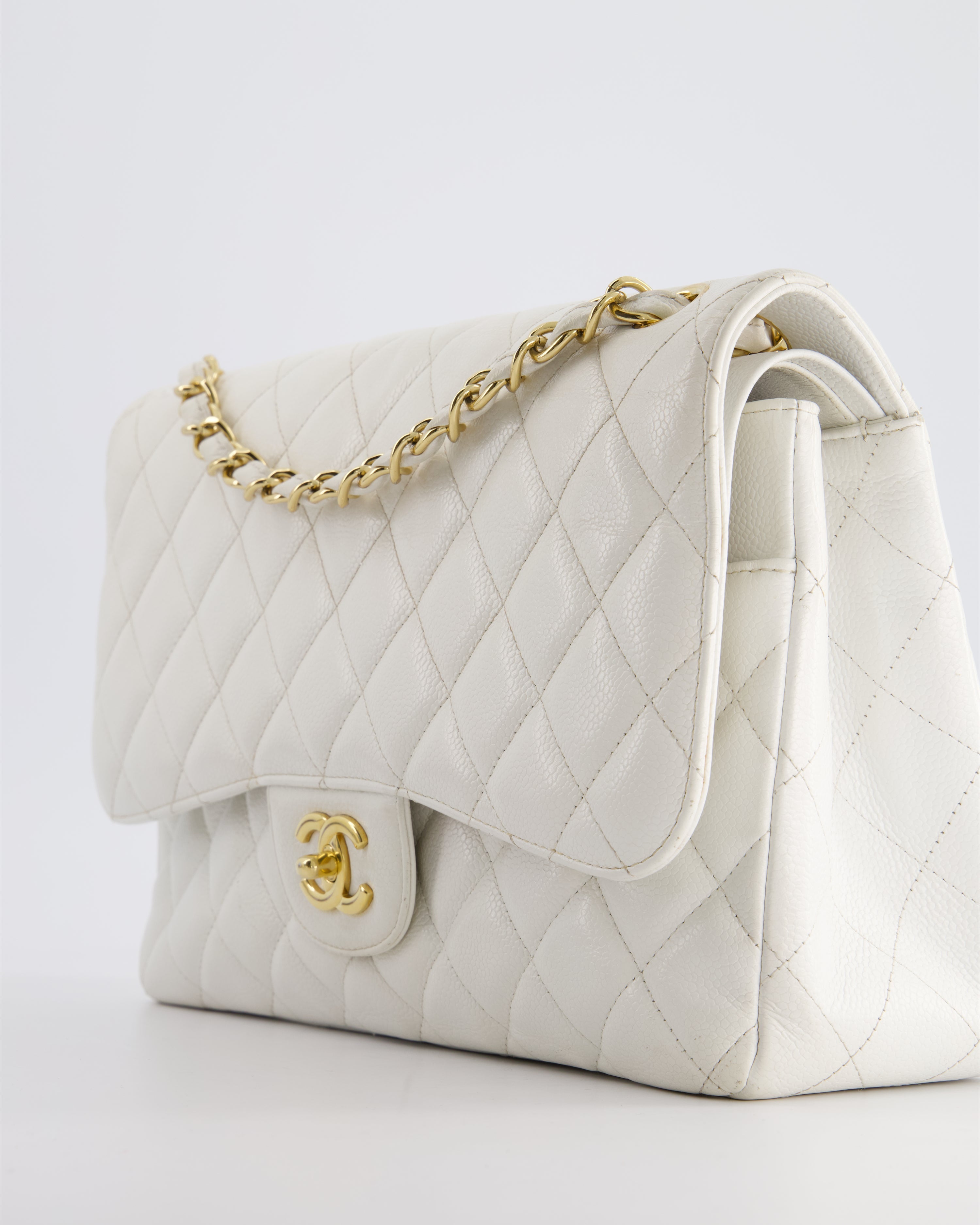 Chanel White Caviar Jumbo Classic Double Flap Bag with Gold Hardware
