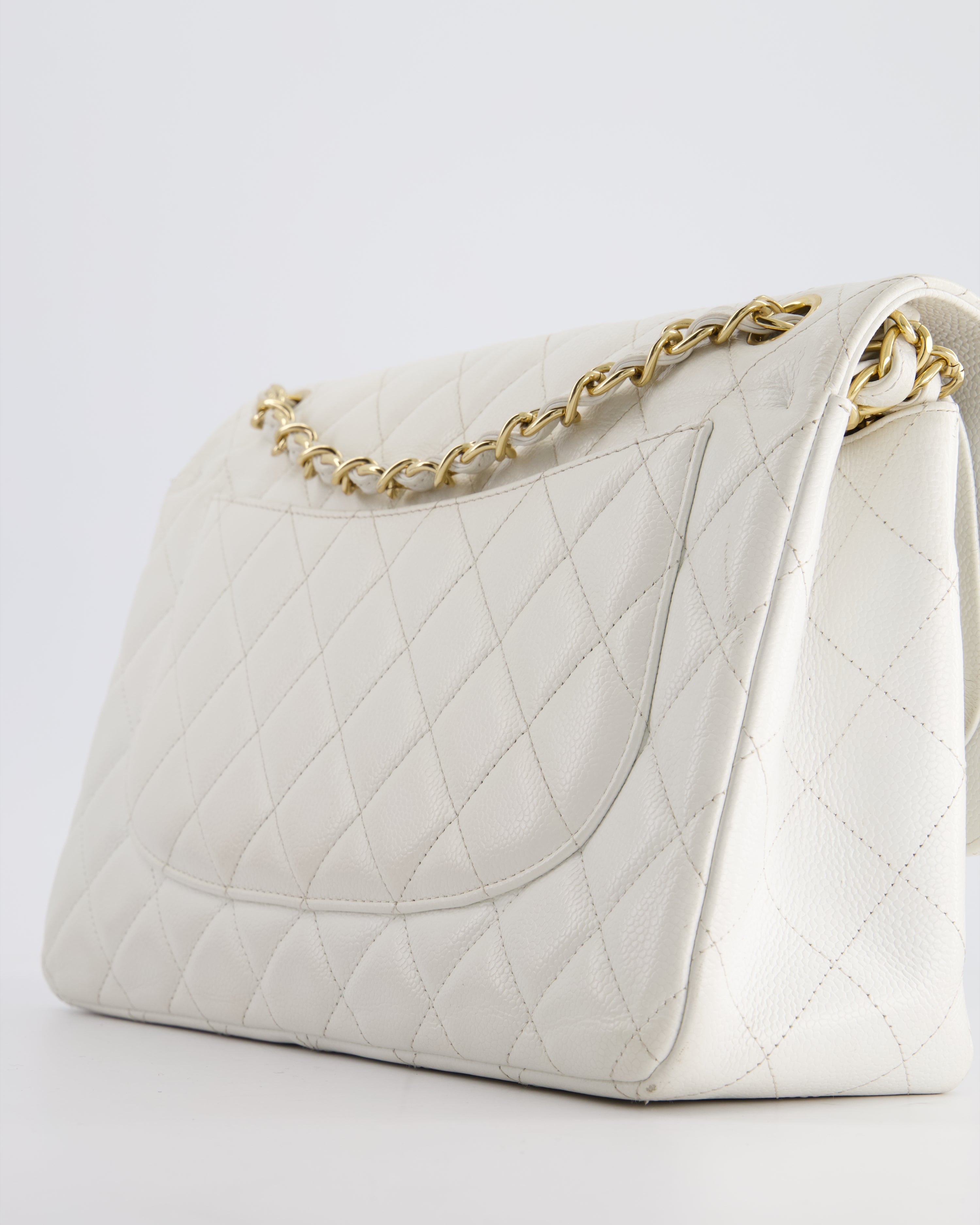 Chanel White Caviar Jumbo Classic Double Flap Bag with Gold Hardware