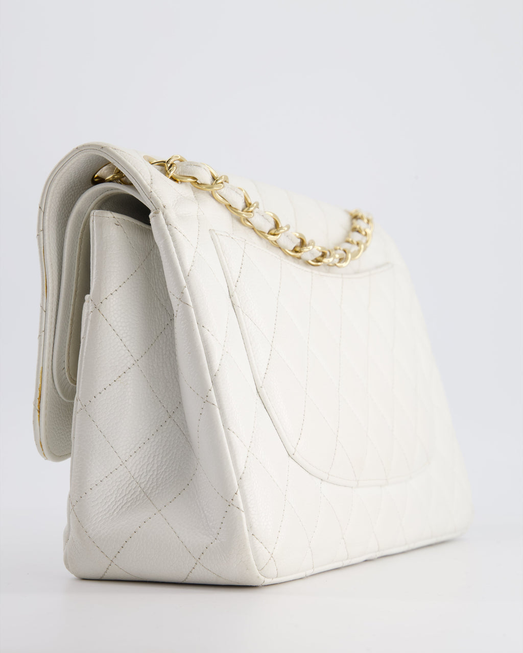 Chanel White Caviar Jumbo Classic Double Flap Bag with Gold Hardware