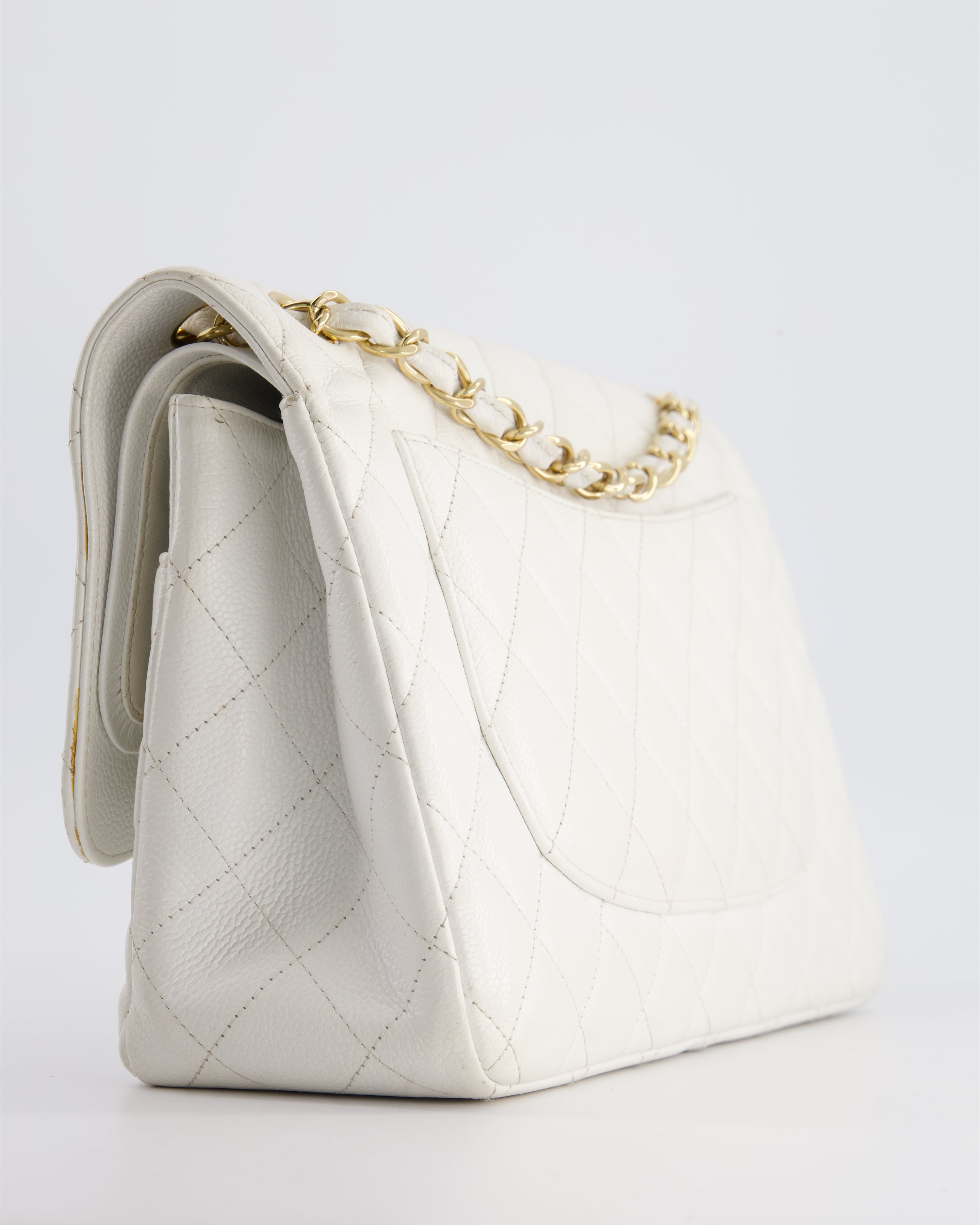 Chanel White Caviar Jumbo Classic Double Flap Bag with Gold Hardware