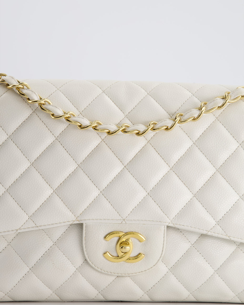 Chanel White Caviar Jumbo Classic Double Flap Bag with Gold Hardware