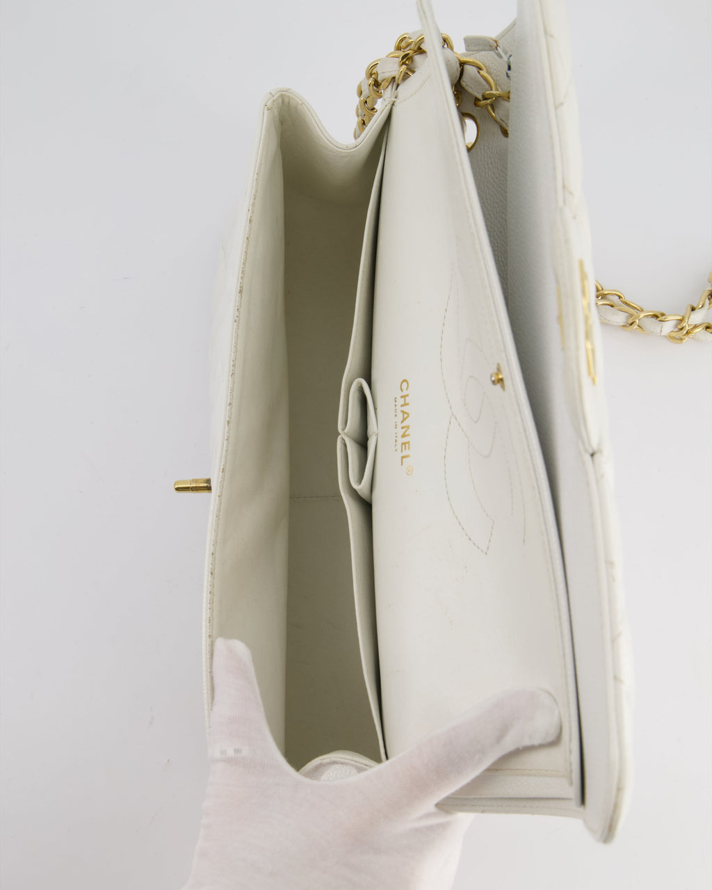 Chanel White Caviar Jumbo Classic Double Flap Bag with Gold Hardware