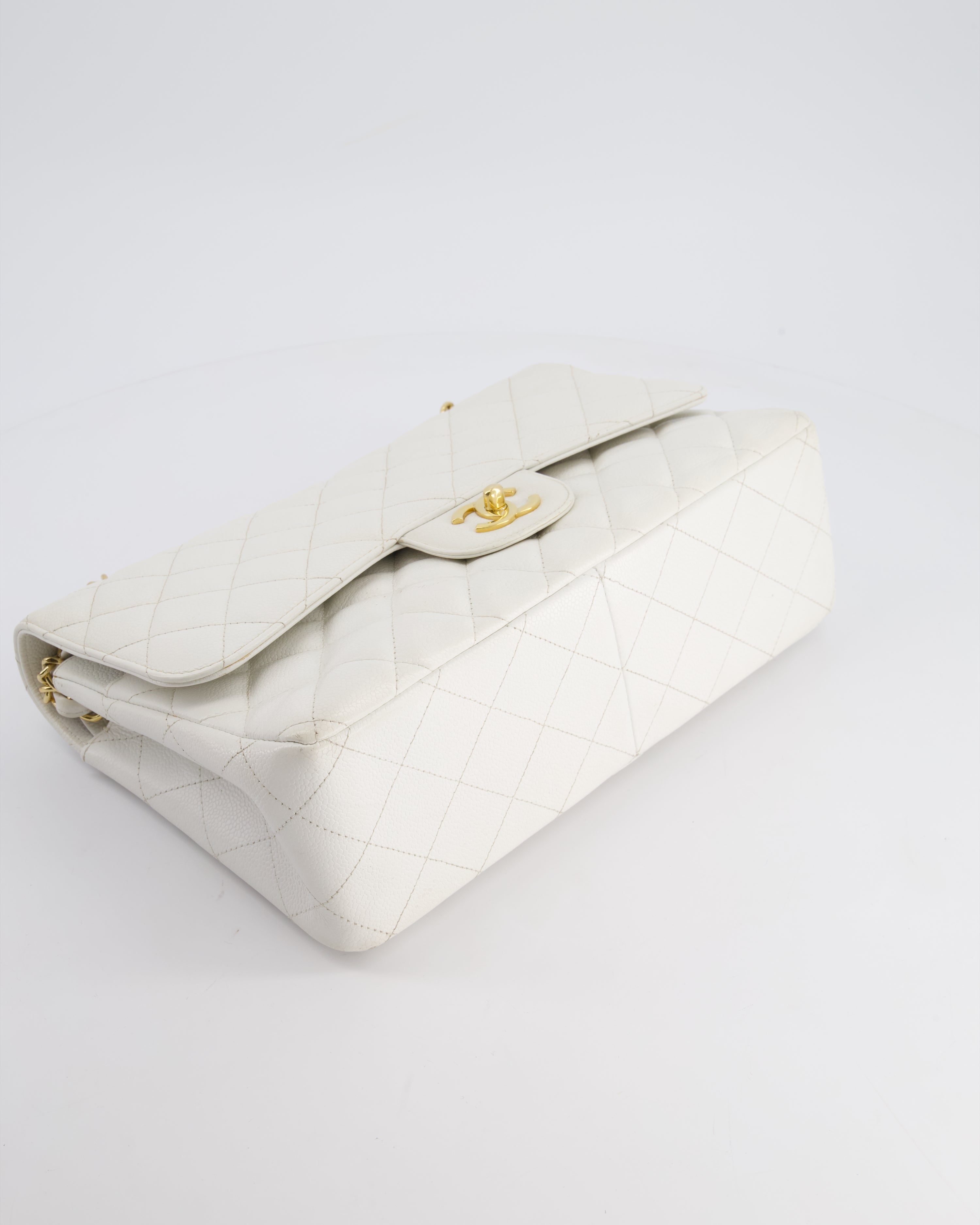 Chanel White Caviar Jumbo Classic Double Flap Bag with Gold Hardware