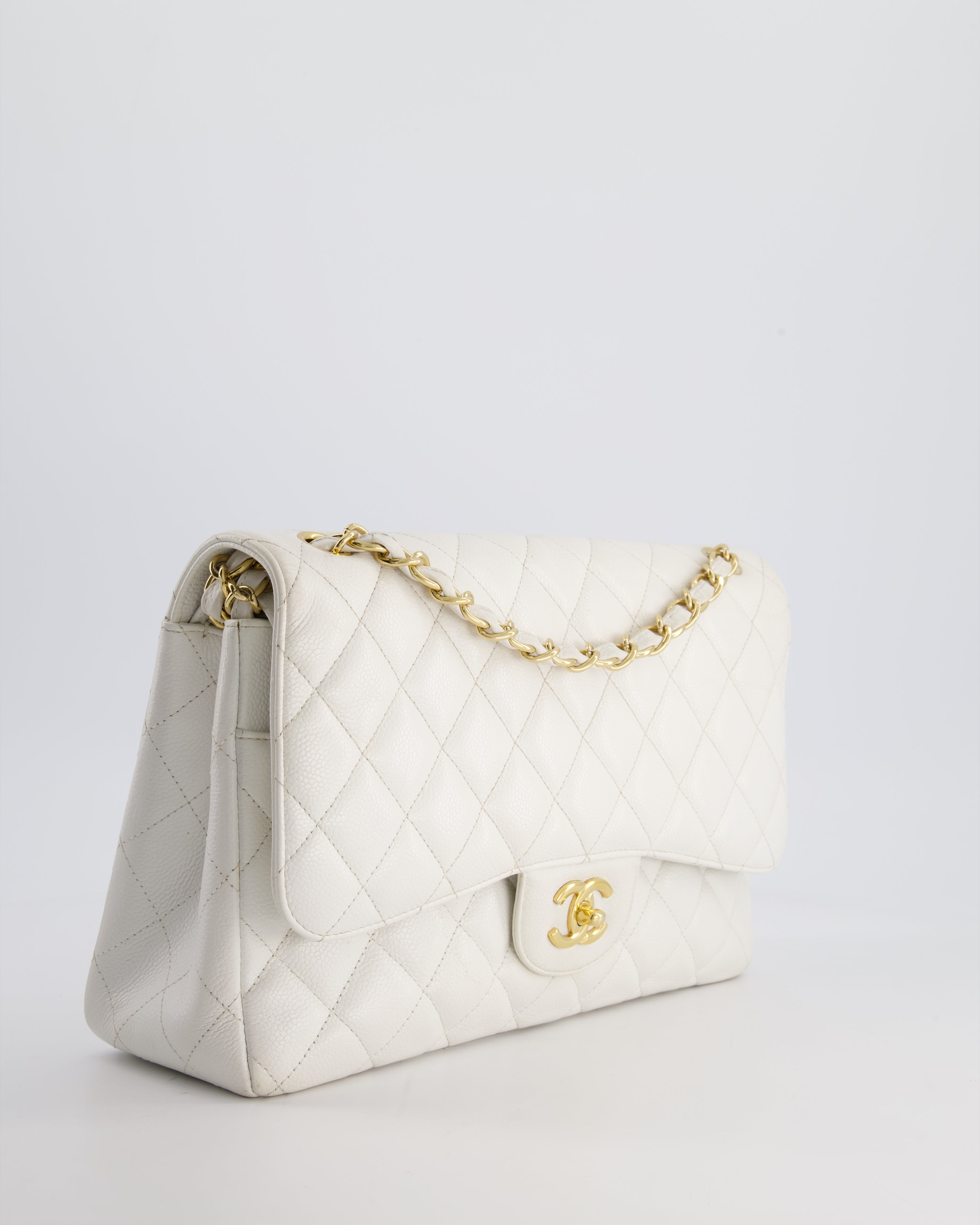Chanel White Caviar Jumbo Classic Double Flap Bag with Gold Hardware