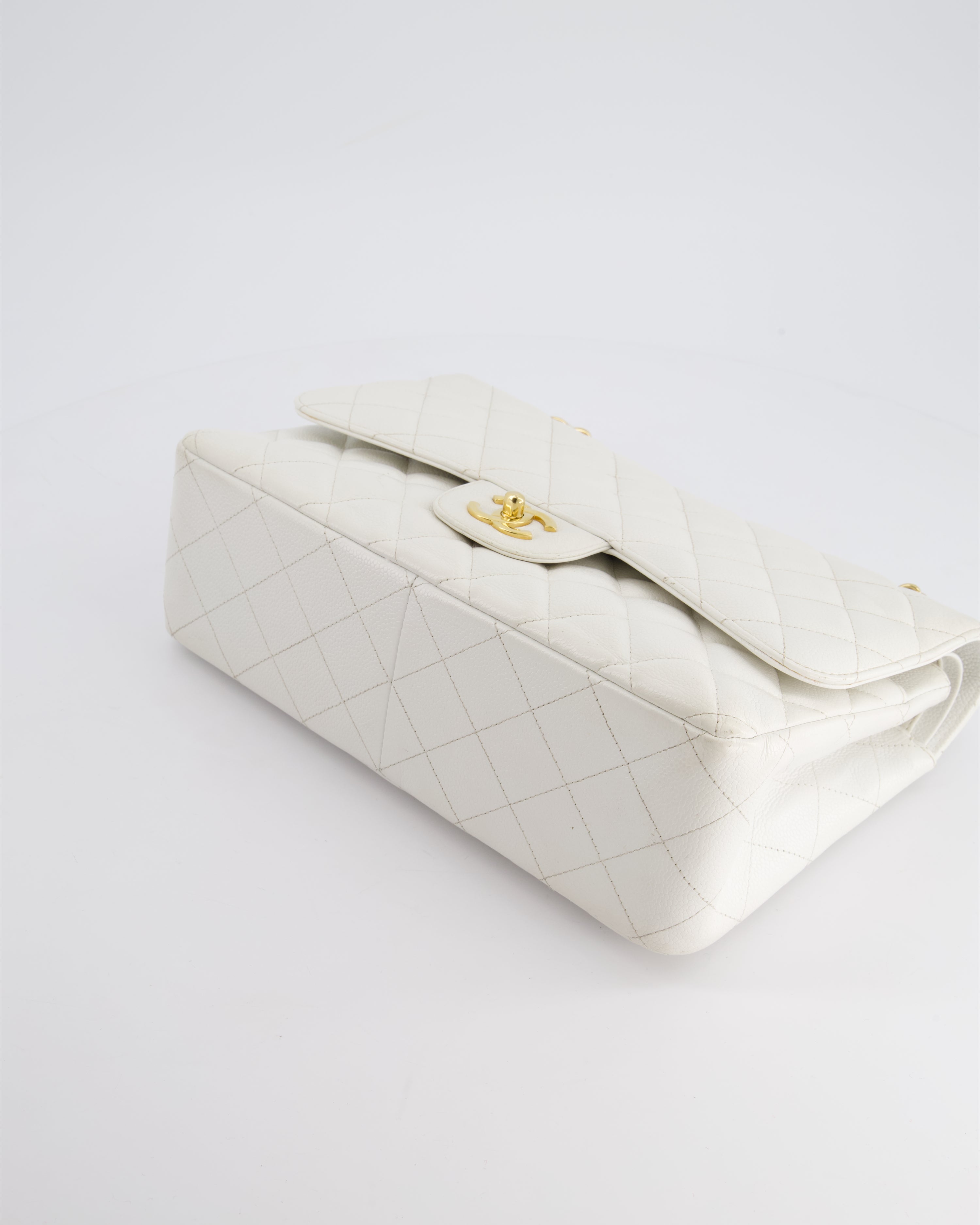Chanel White Caviar Jumbo Classic Double Flap Bag with Gold Hardware