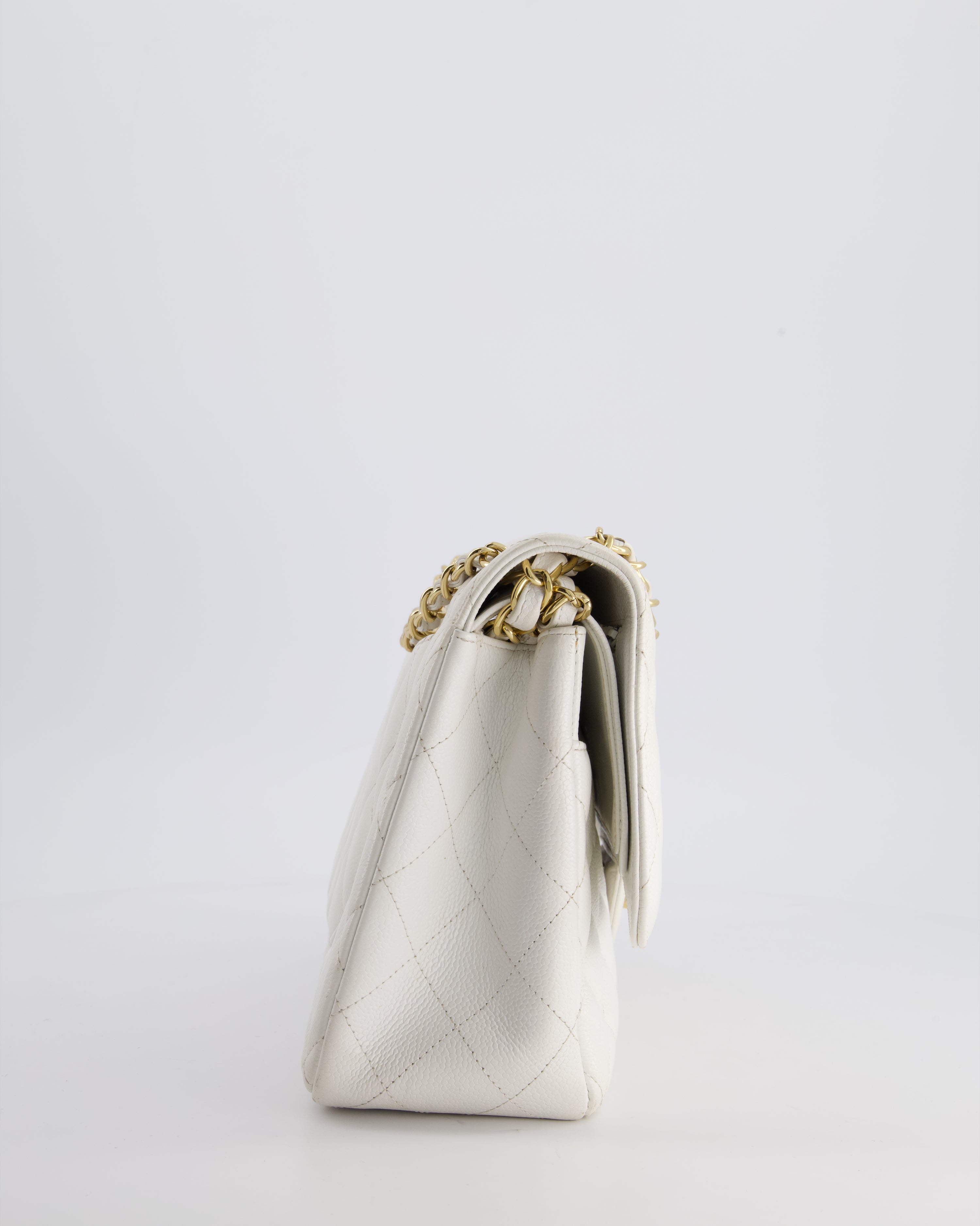 Chanel White Caviar Jumbo Classic Double Flap Bag with Gold Hardware