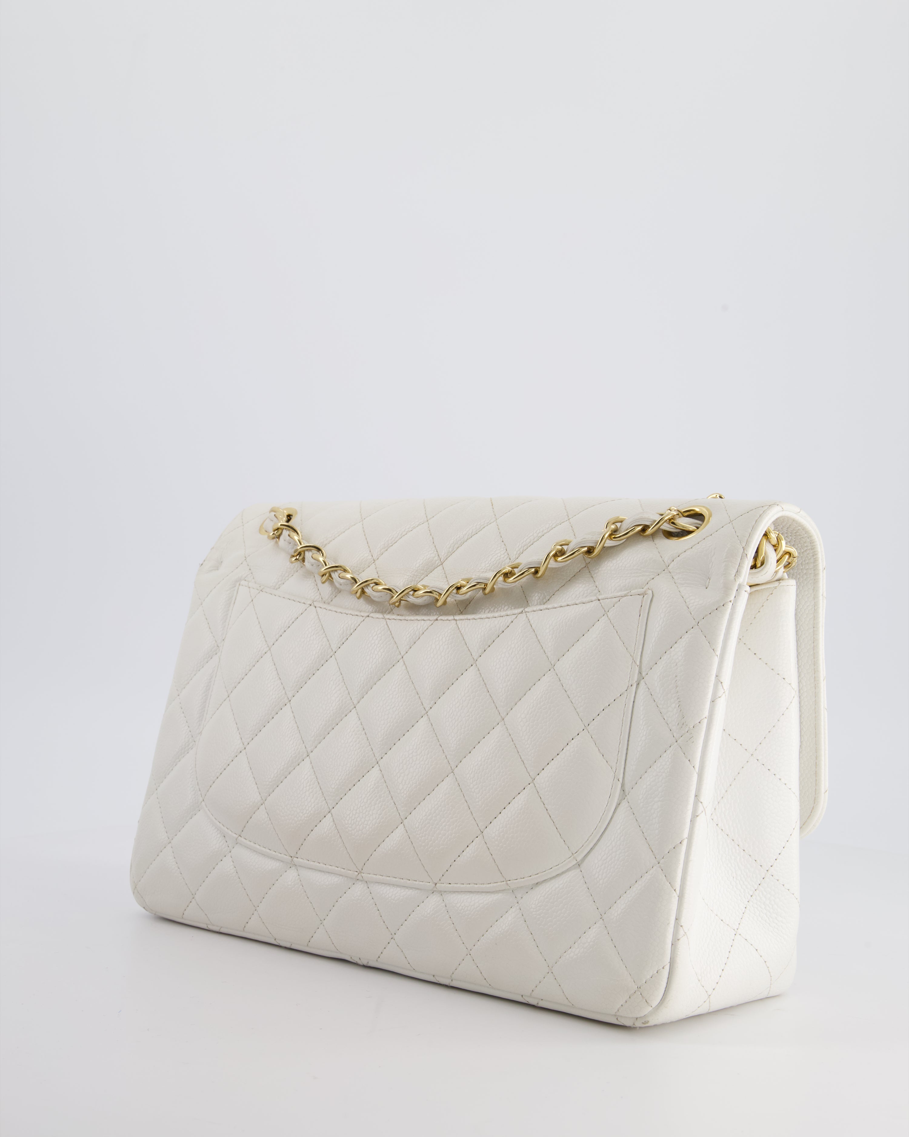 Chanel White Caviar Jumbo Classic Double Flap Bag with Gold Hardware