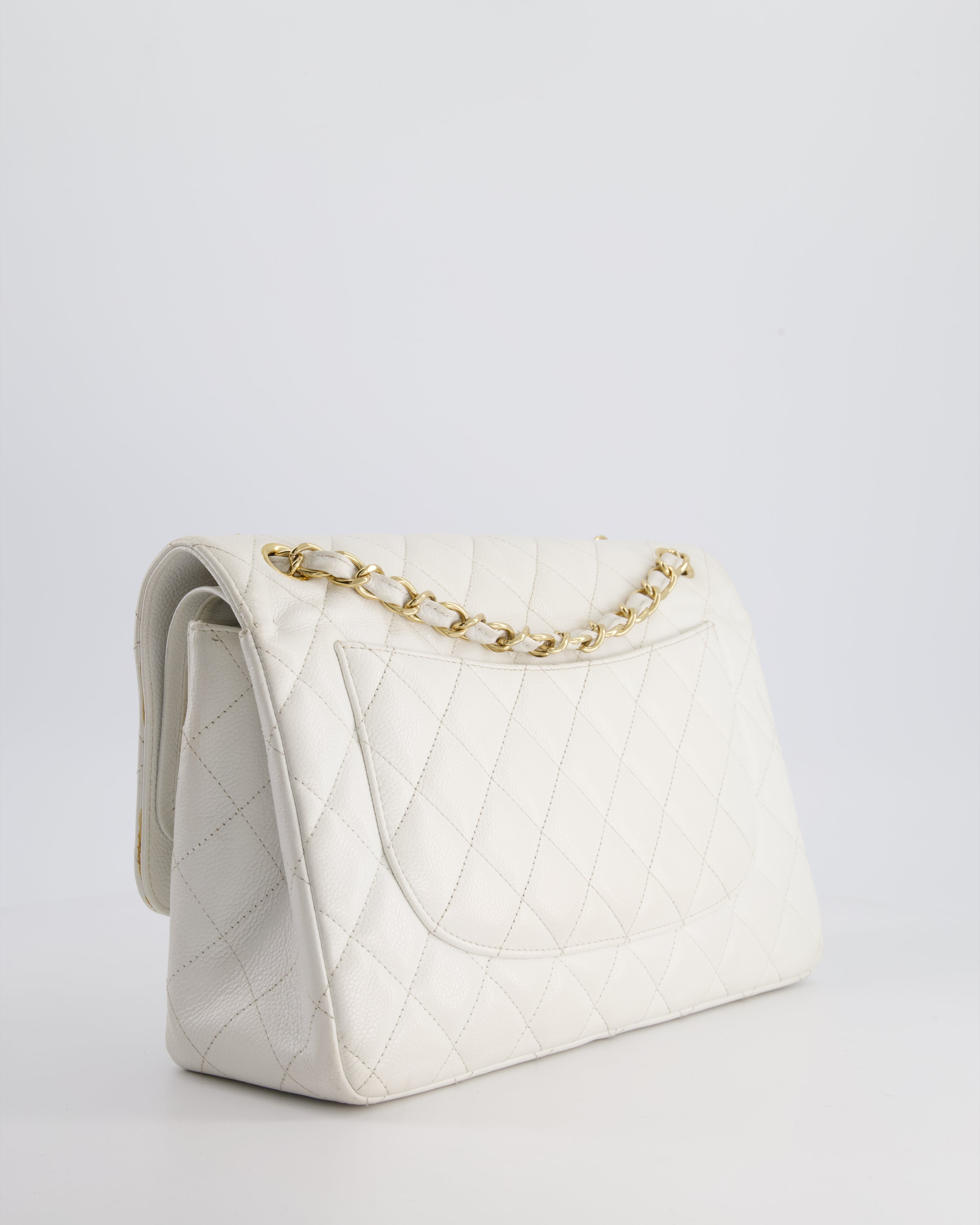 Chanel White Caviar Jumbo Classic Double Flap Bag with Gold Hardware