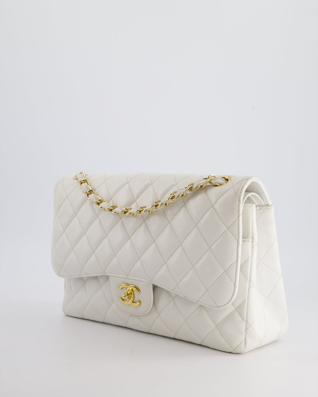 Chanel White Caviar Jumbo Classic Double Flap Bag with Gold Hardware