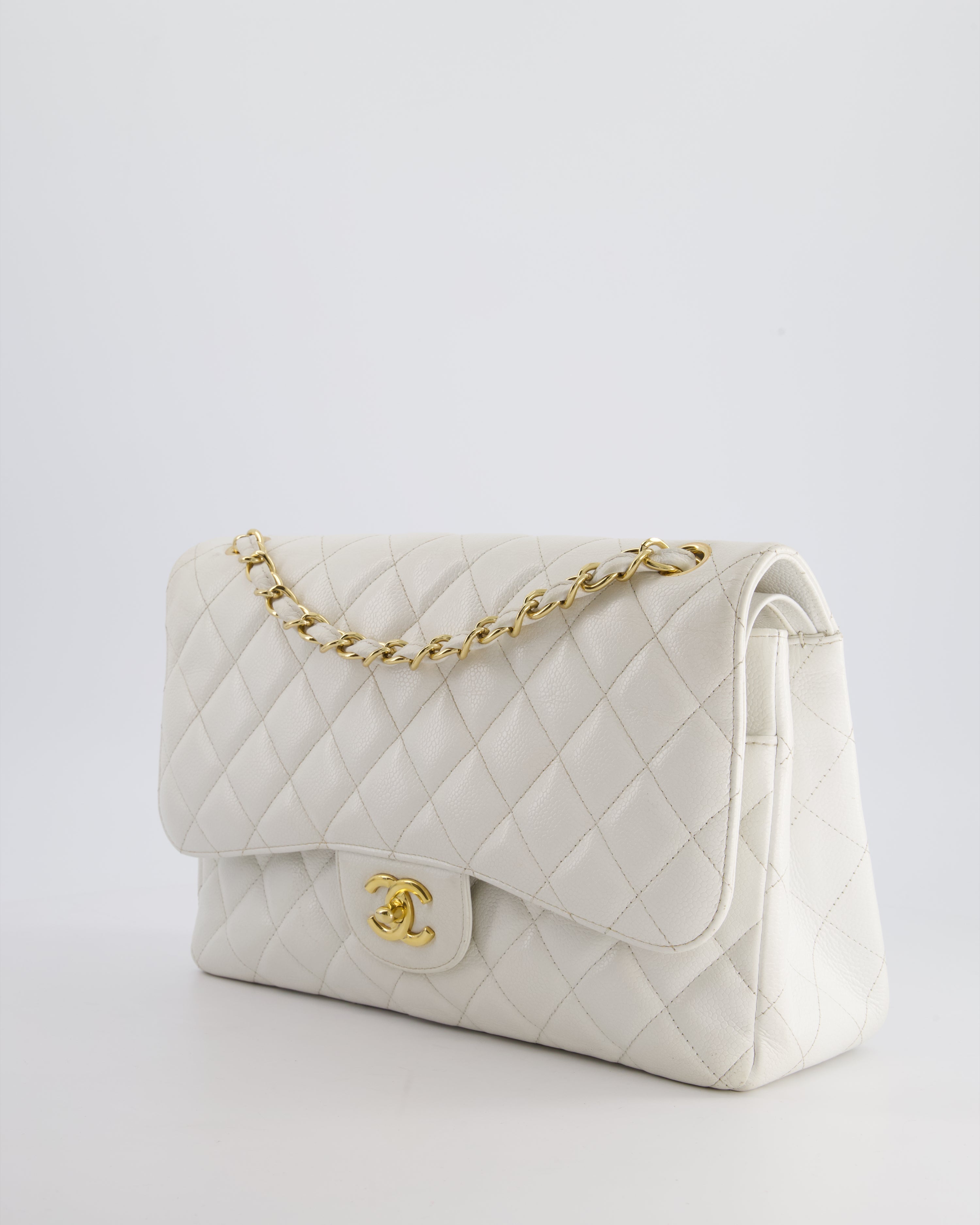 Chanel White Caviar Jumbo Classic Double Flap Bag with Gold Hardware
