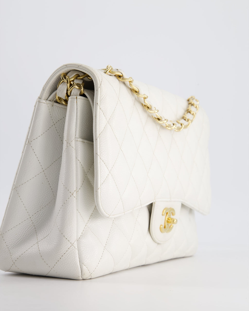 Chanel White Caviar Jumbo Classic Double Flap Bag with Gold Hardware