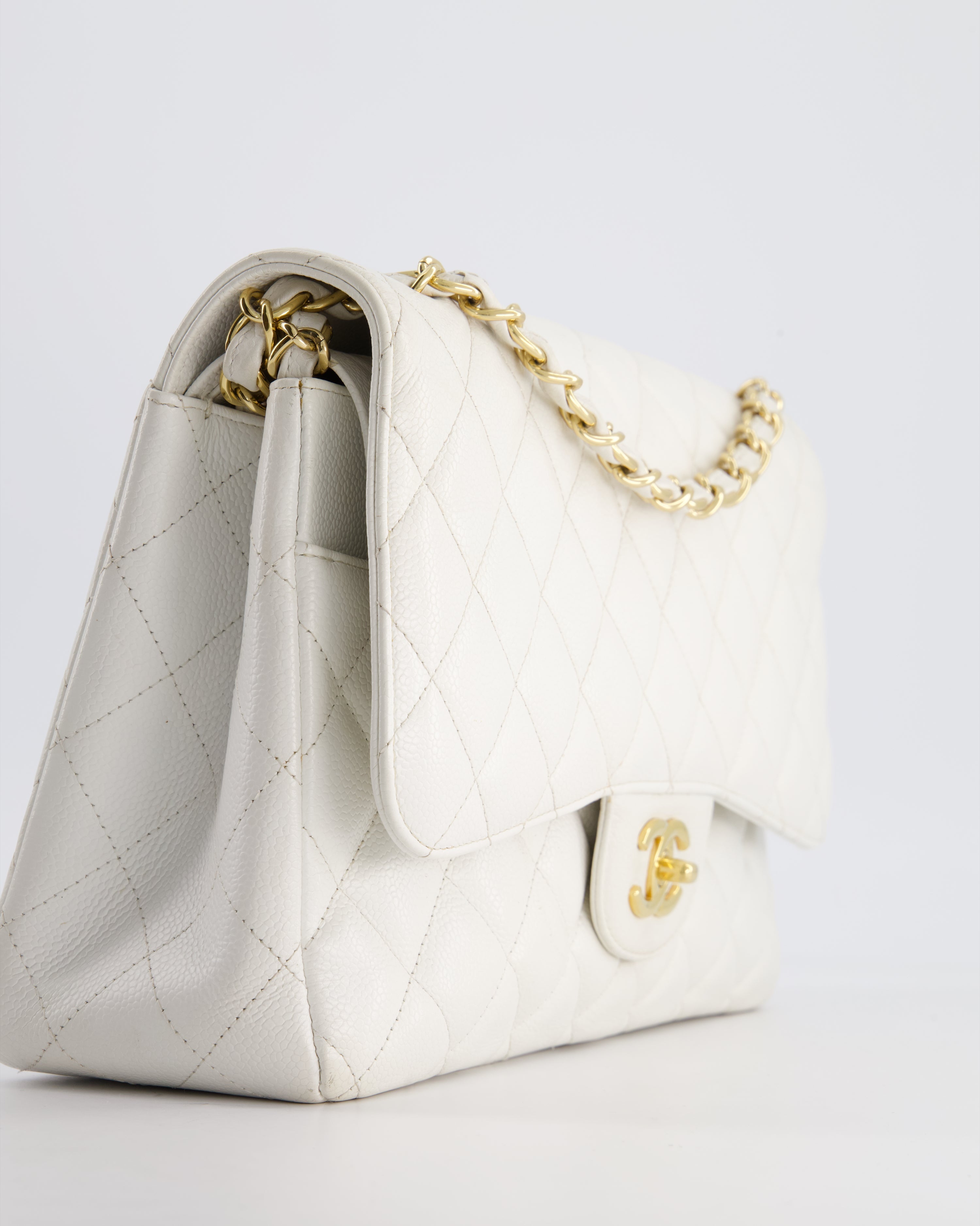 Chanel White Caviar Jumbo Classic Double Flap Bag with Gold Hardware