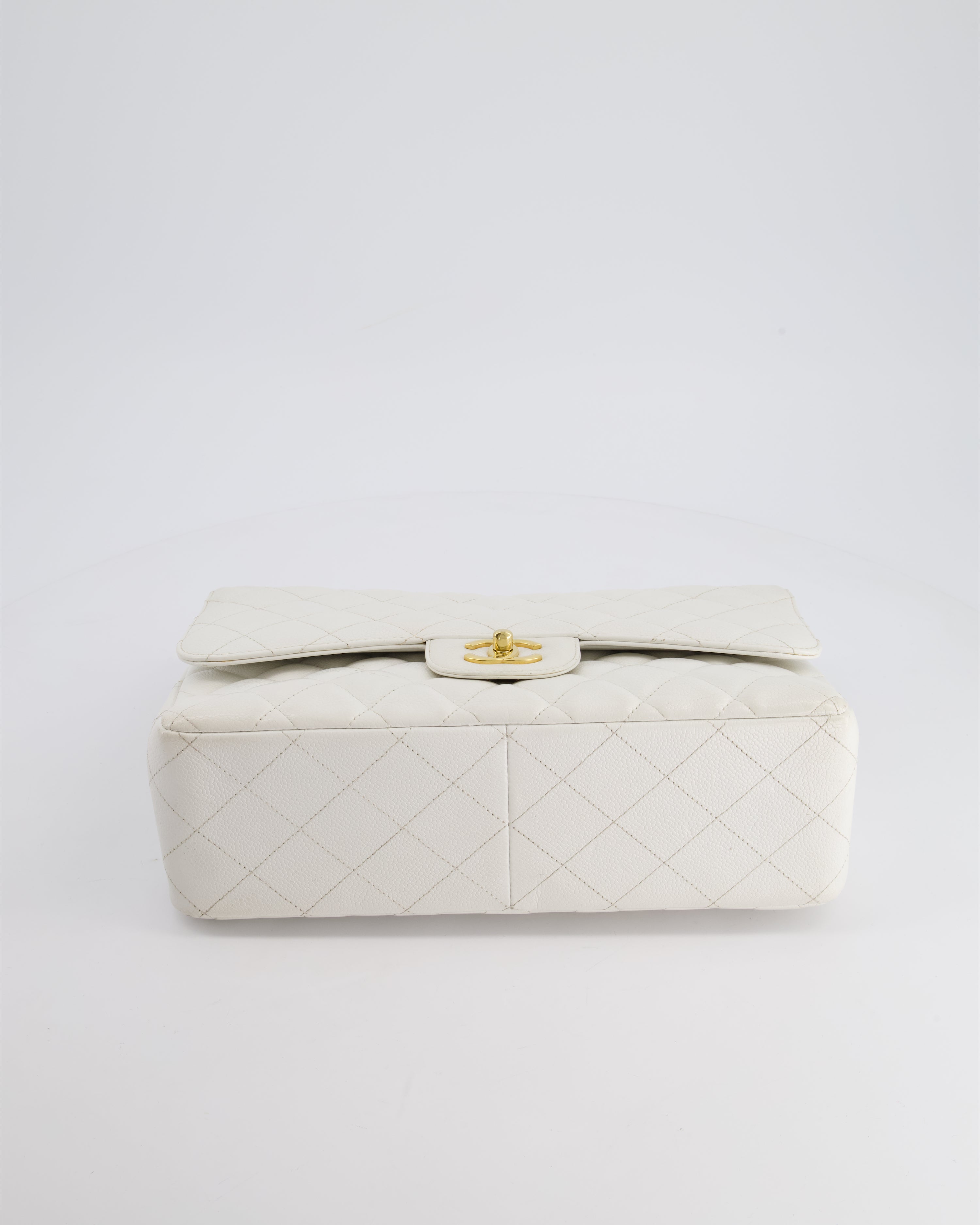 Chanel White Caviar Jumbo Classic Double Flap Bag with Gold Hardware