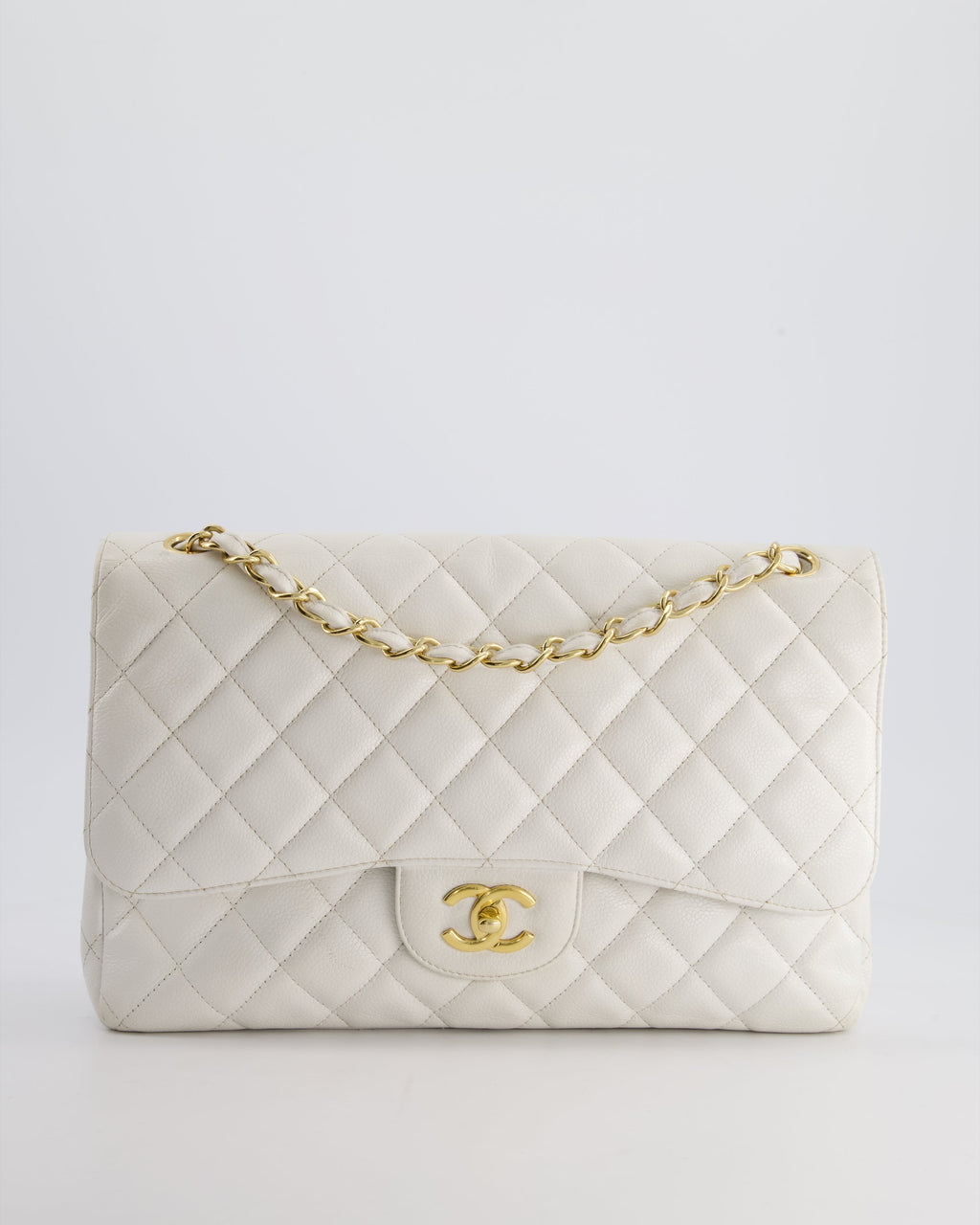 Chanel White Caviar Jumbo Classic Double Flap Bag with Gold Hardware
