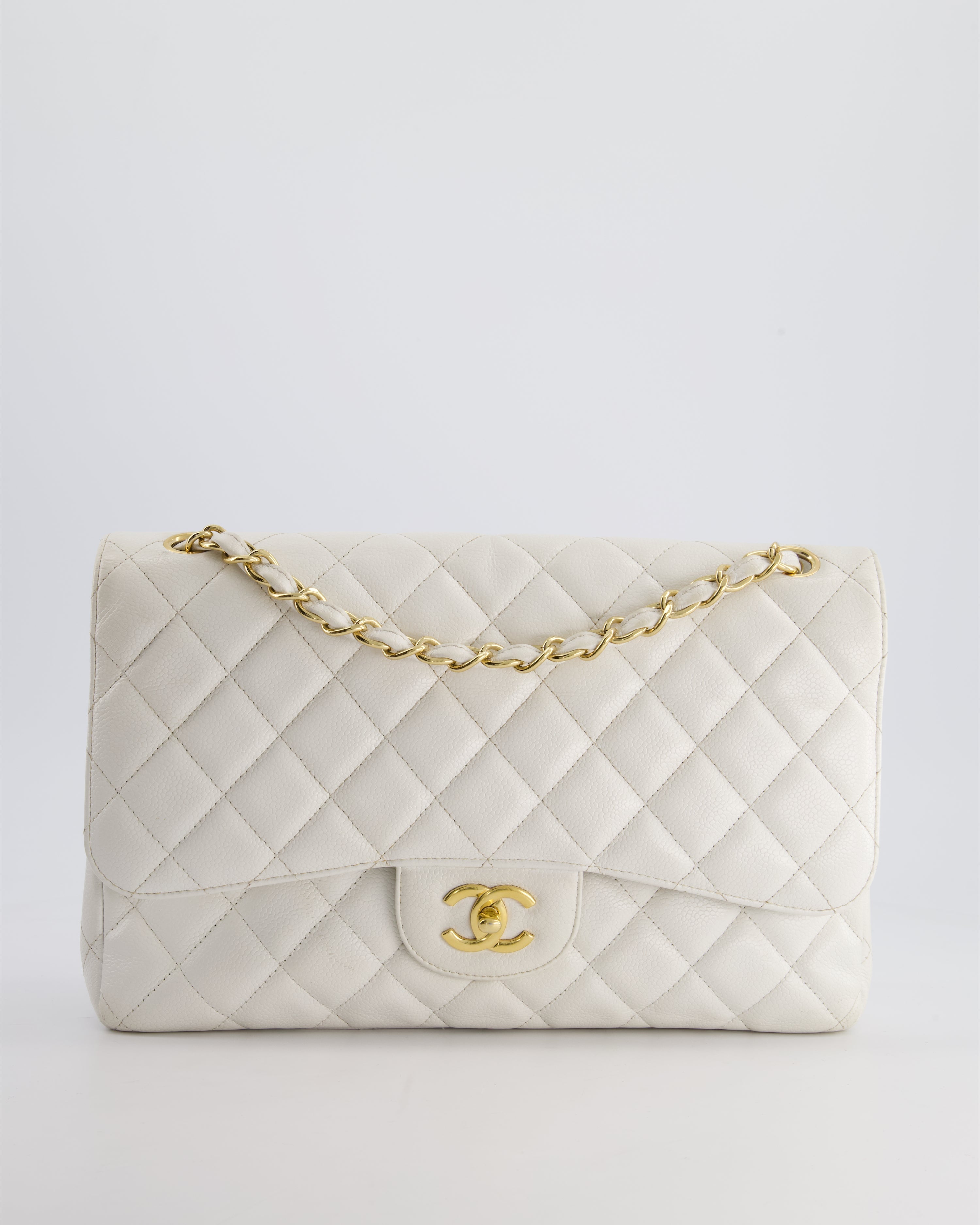 Chanel White Caviar Jumbo Classic Double Flap Bag with Gold Hardware