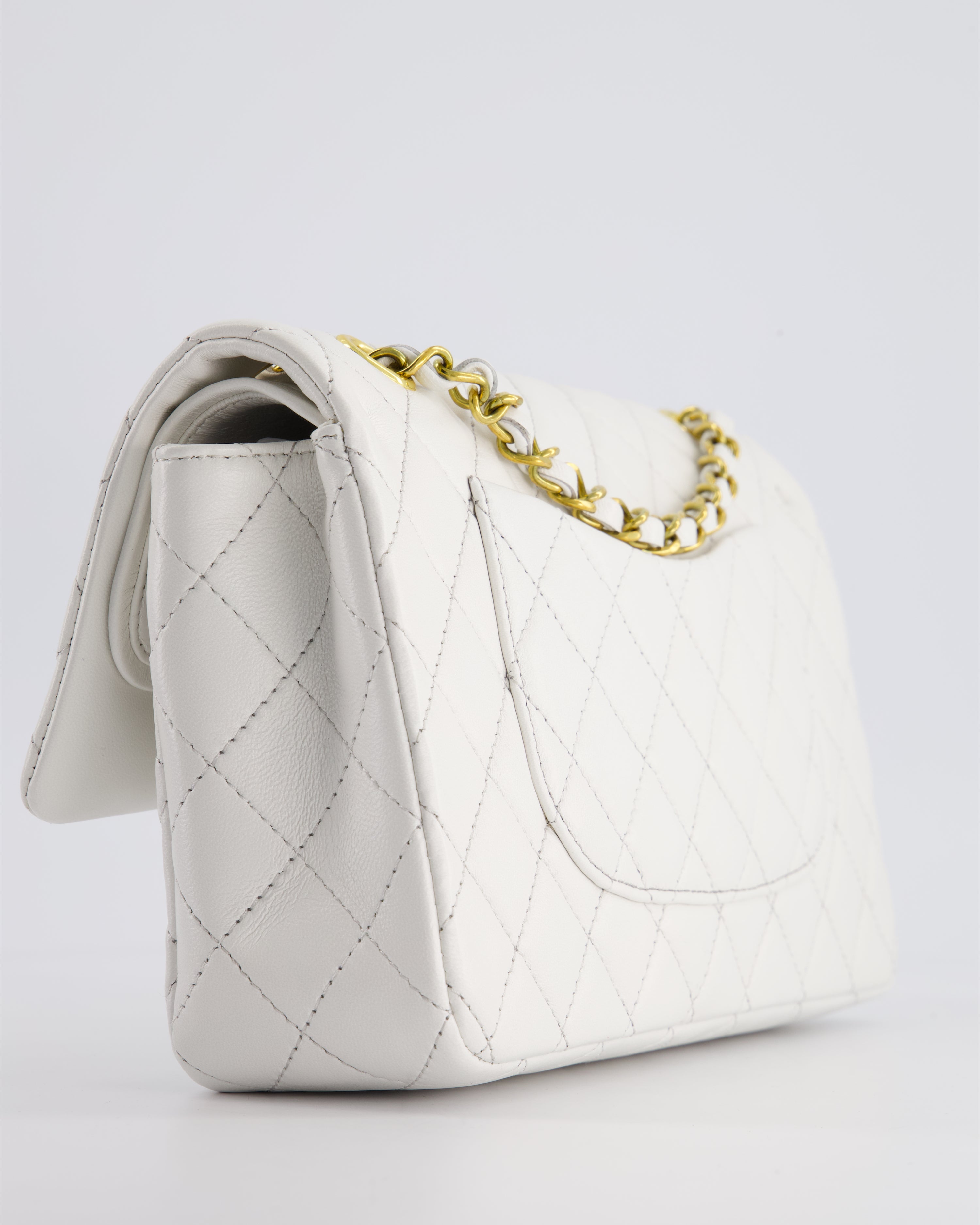 Chanel White Vintage Classic Double Flap Bag in Lambskin Leather with 24K Gold Hardware