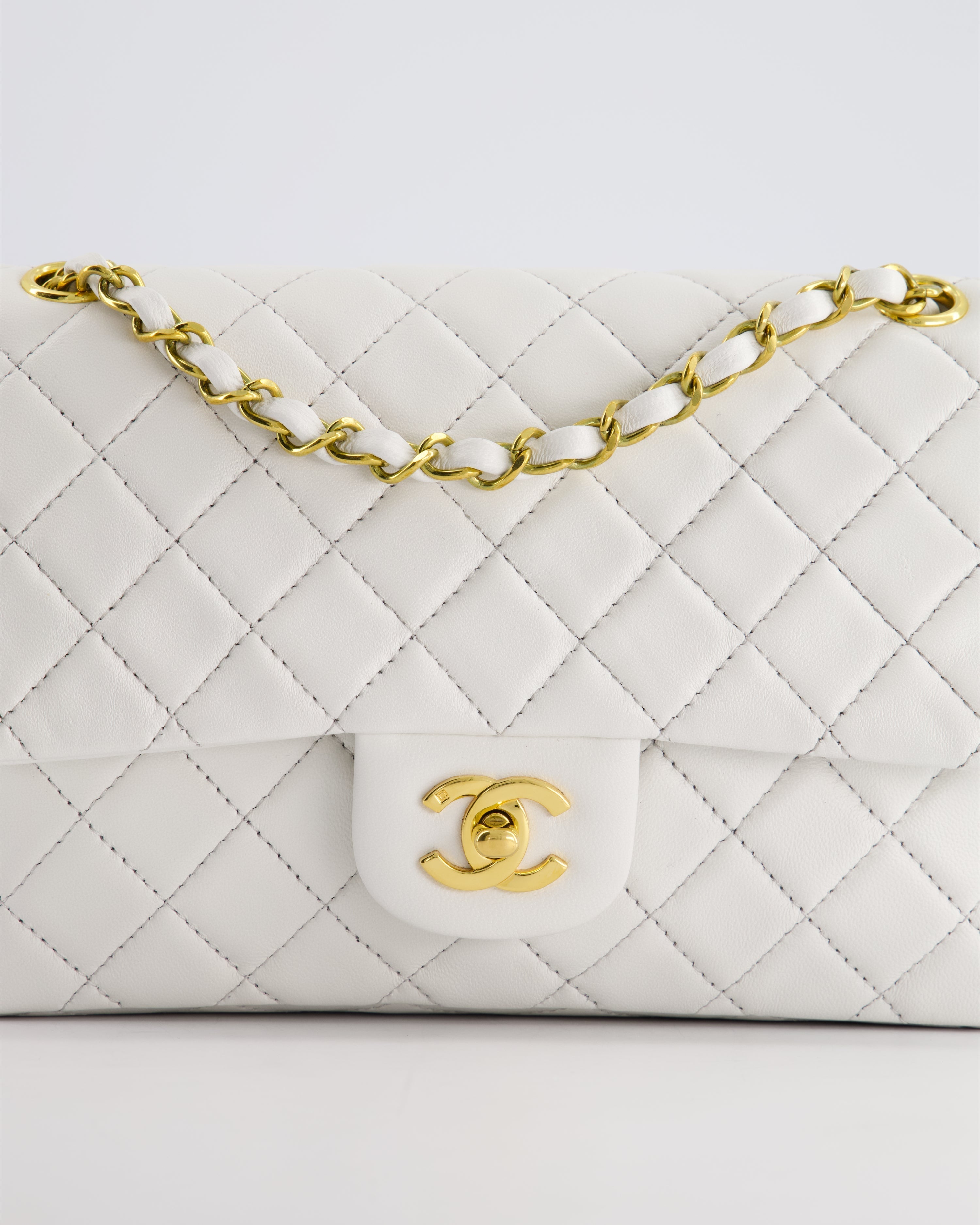 Chanel White Vintage Classic Double Flap Bag in Lambskin Leather with 24K Gold Hardware