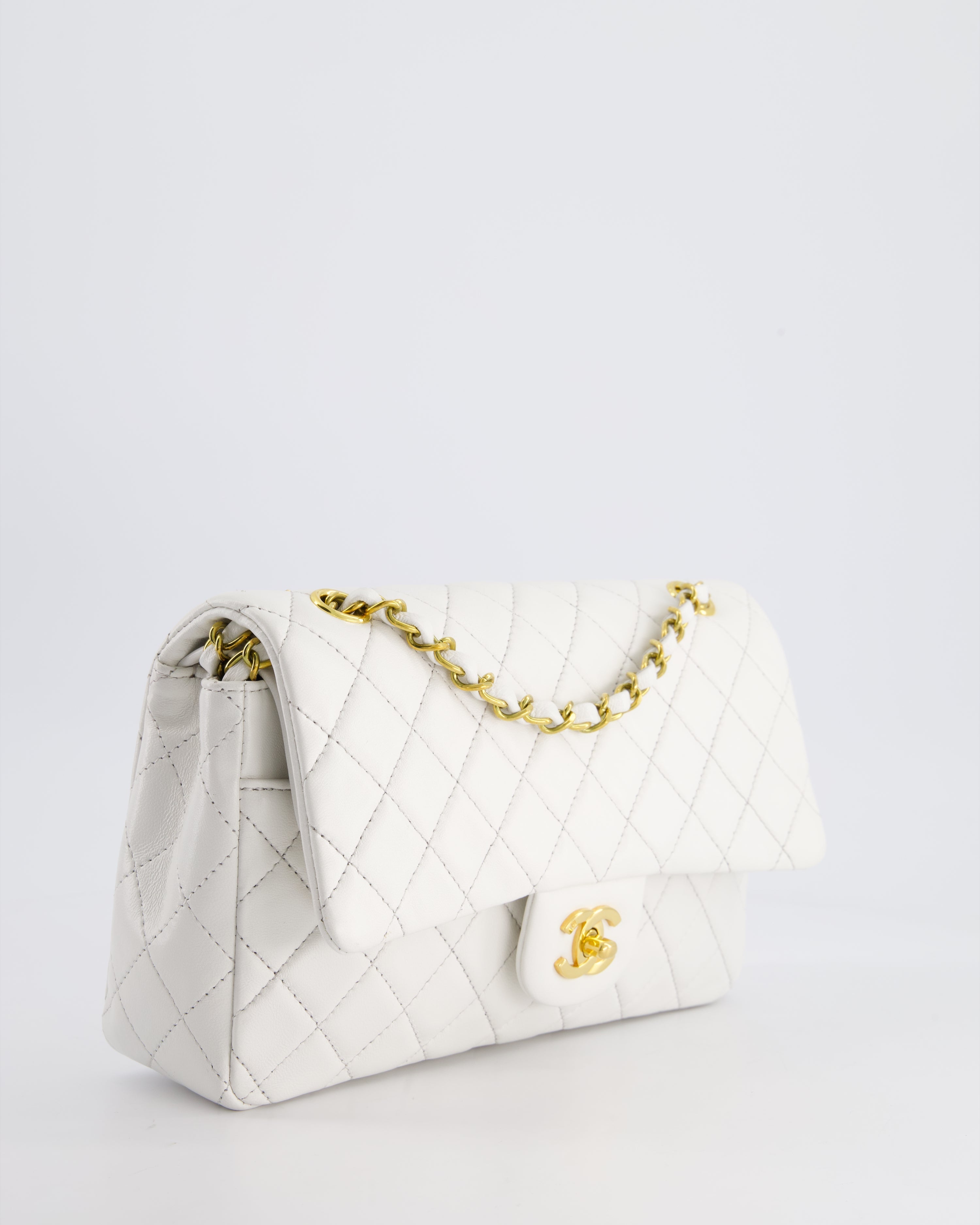 Chanel White Vintage Classic Double Flap Bag in Lambskin Leather with 24K Gold Hardware