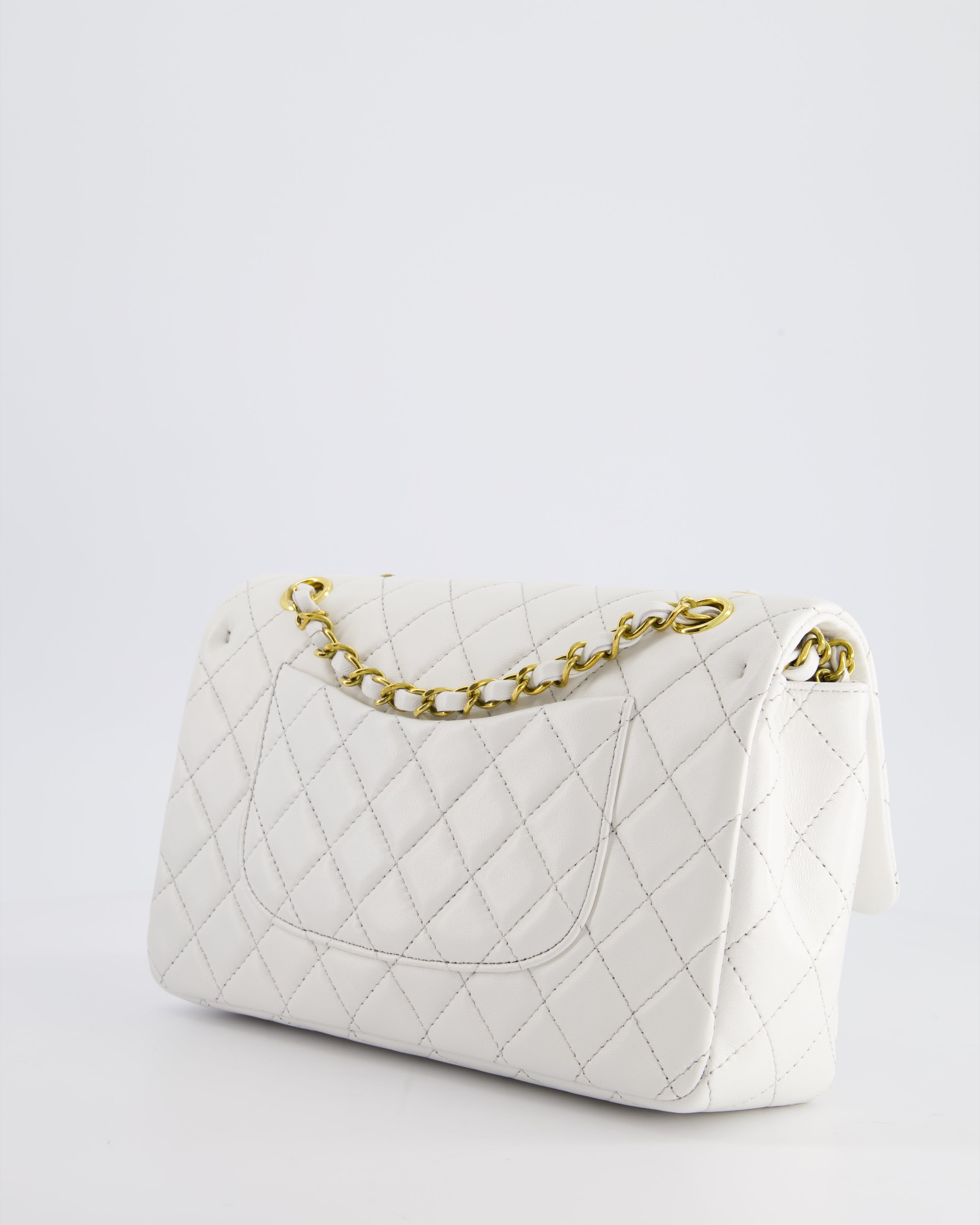 Chanel White Vintage Classic Double Flap Bag in Lambskin Leather with 24K Gold Hardware