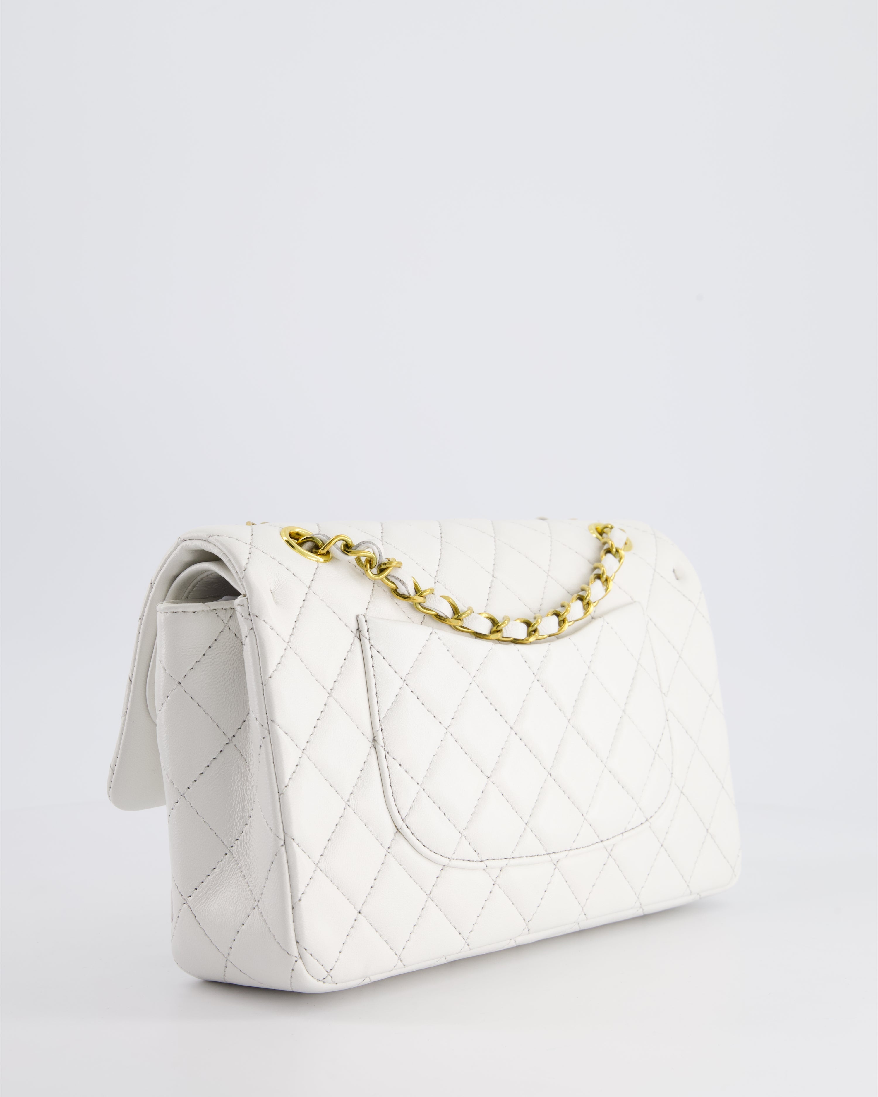 Chanel White Vintage Classic Double Flap Bag in Lambskin Leather with 24K Gold Hardware