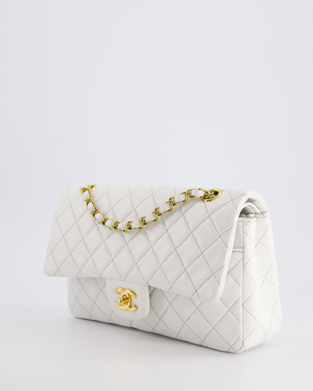 Chanel White Vintage Classic Double Flap Bag in Lambskin Leather with 24K Gold Hardware