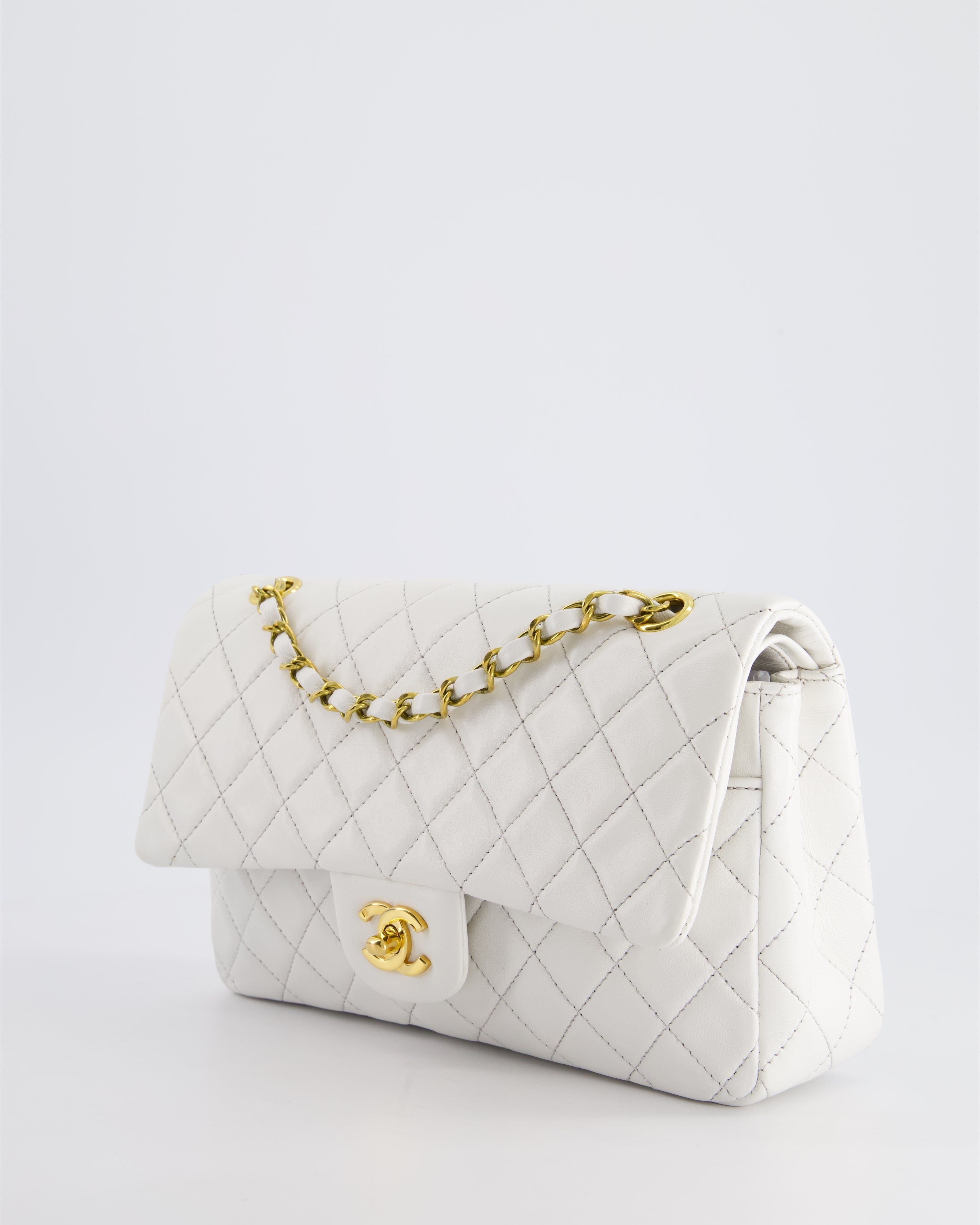 Chanel White Vintage Classic Double Flap Bag in Lambskin Leather with 24K Gold Hardware