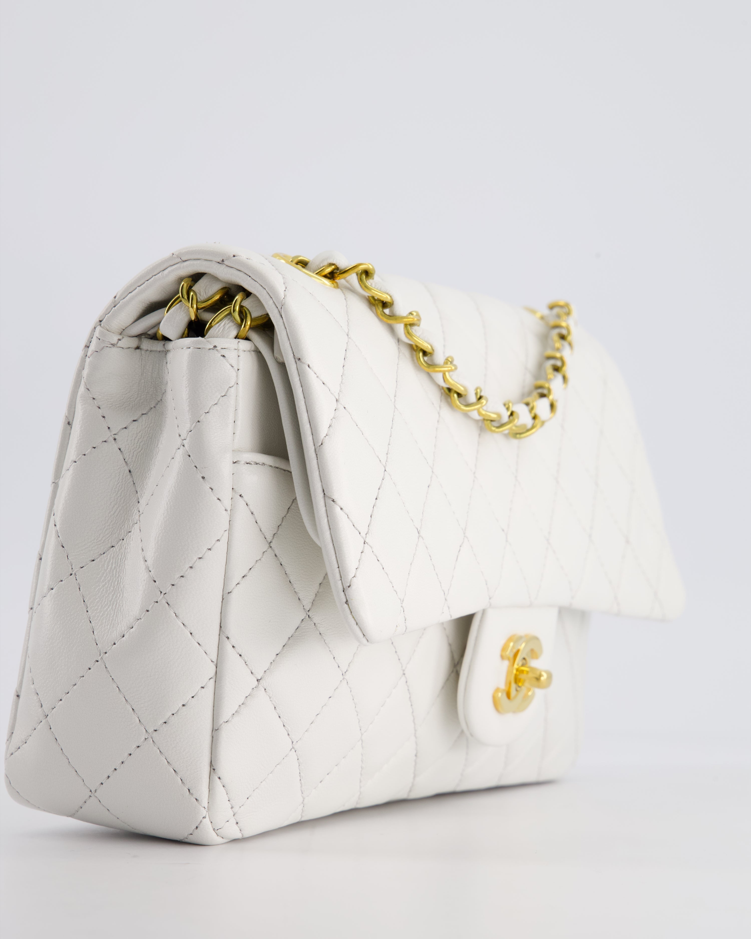 Chanel White Vintage Classic Double Flap Bag in Lambskin Leather with 24K Gold Hardware
