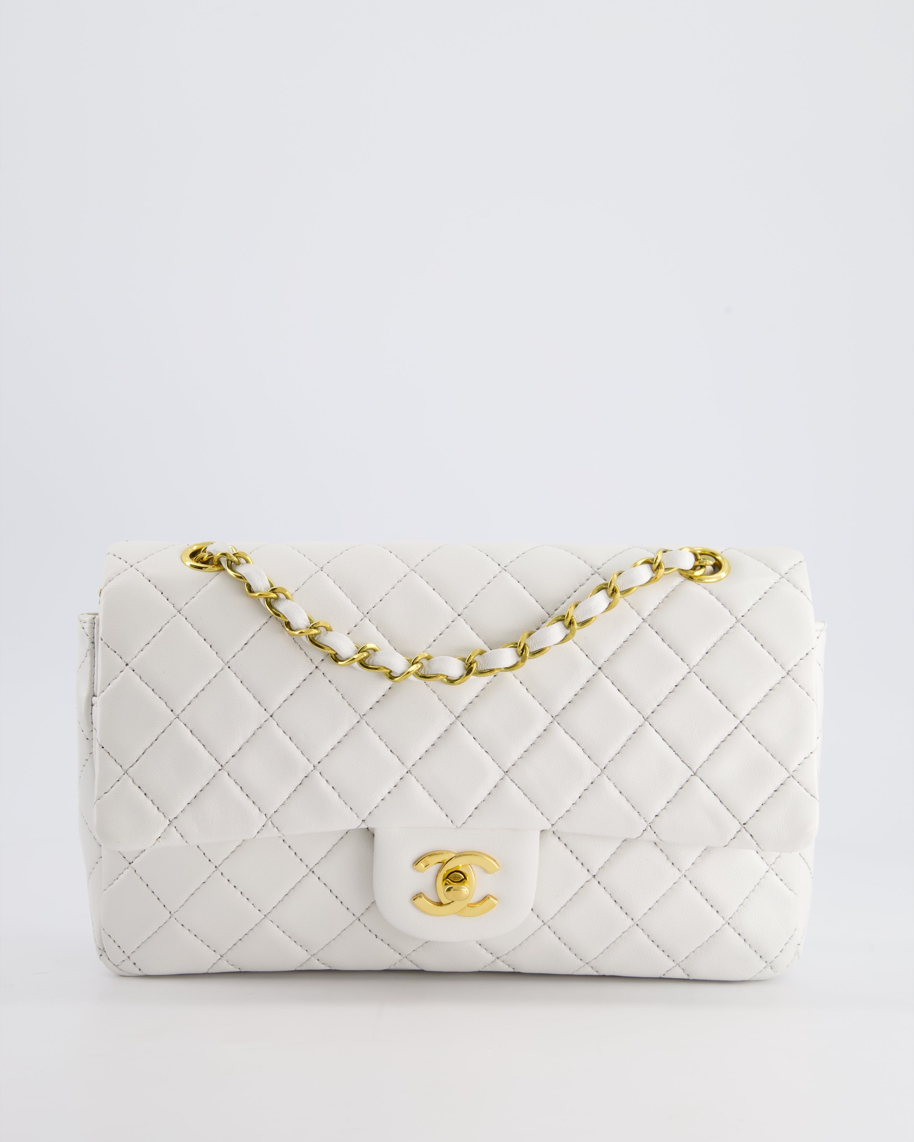 Chanel White Vintage Classic Double Flap Bag in Lambskin Leather with 24K Gold Hardware