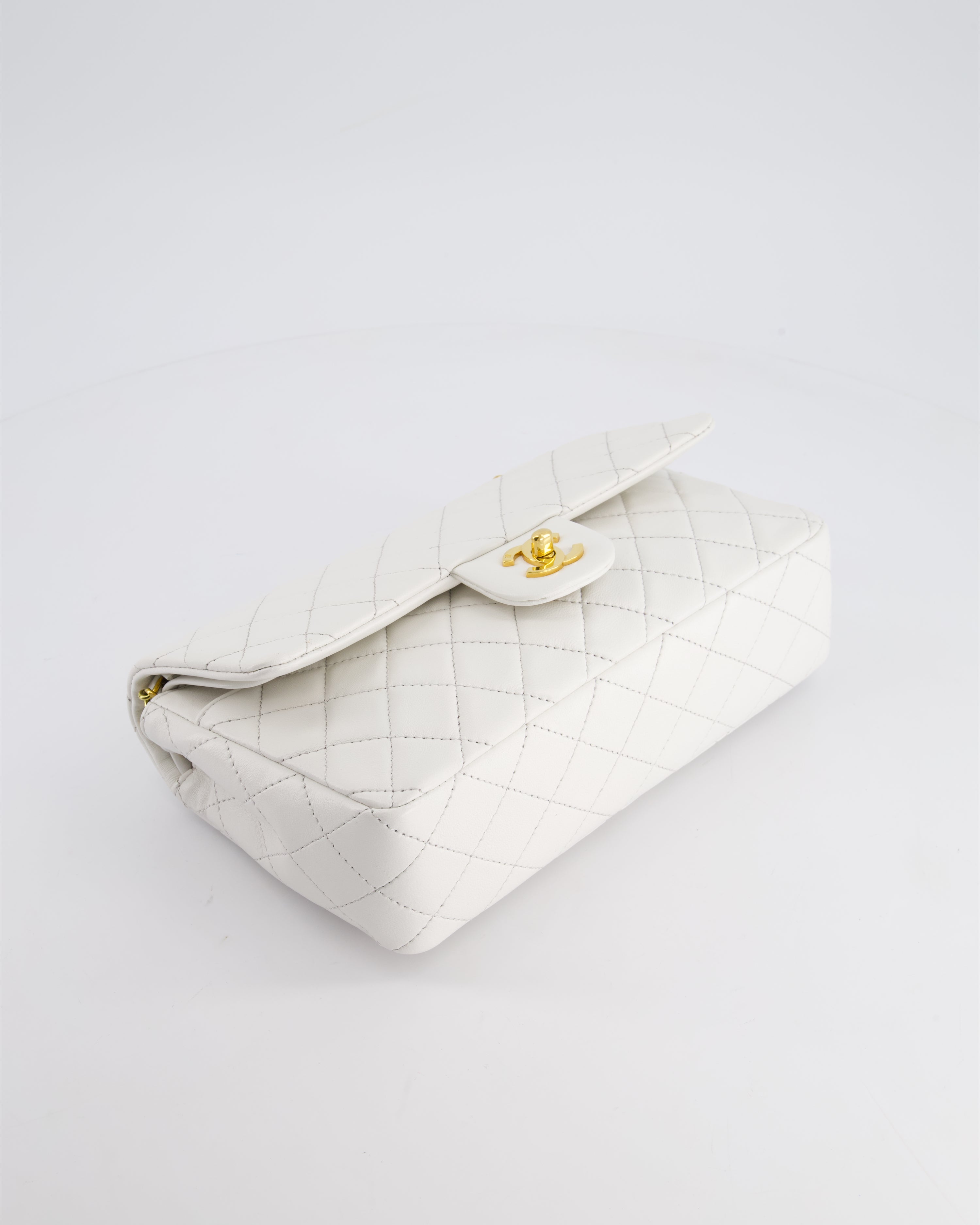 Chanel White Vintage Classic Double Flap Bag in Lambskin Leather with 24K Gold Hardware