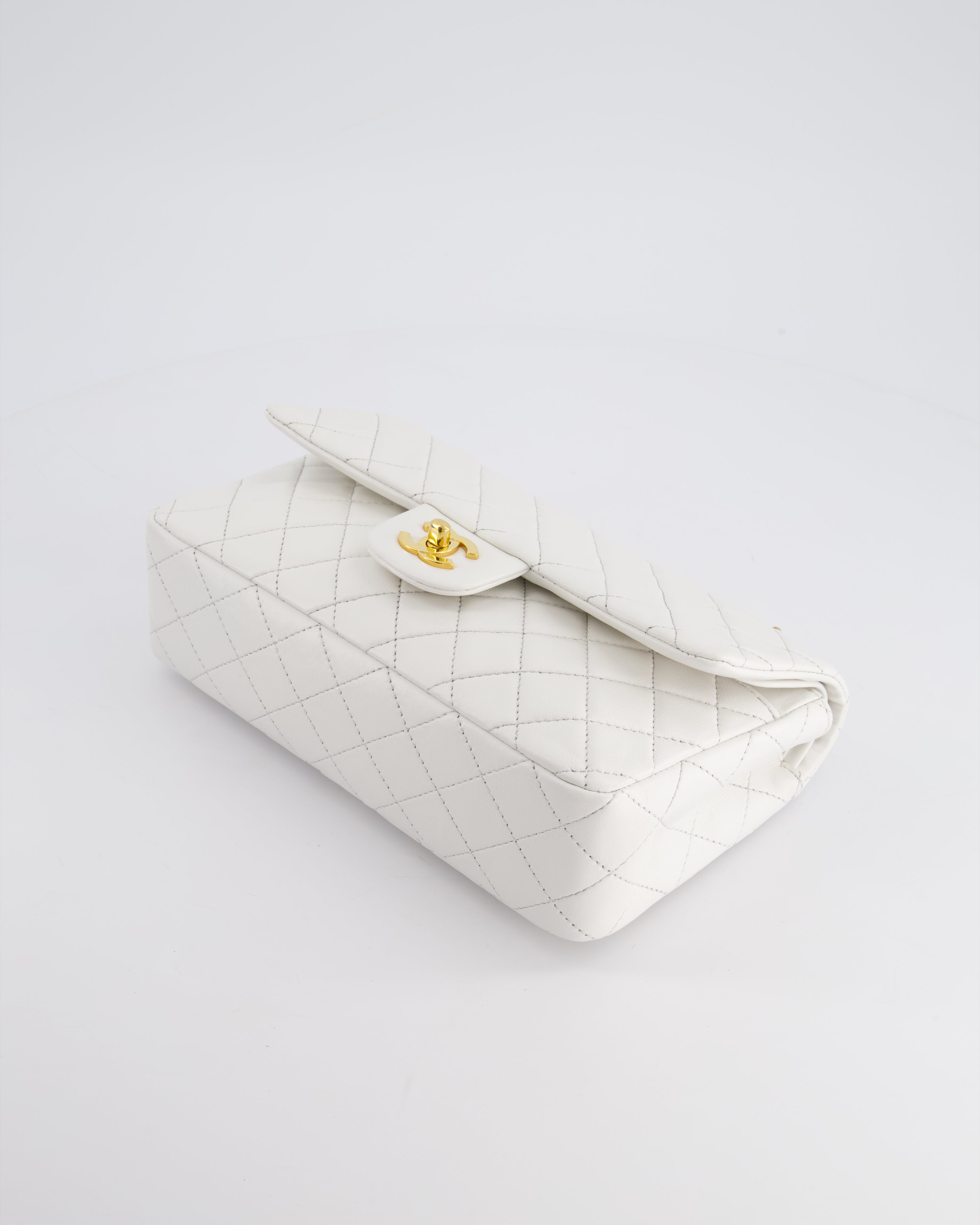 Chanel White Vintage Classic Double Flap Bag in Lambskin Leather with 24K Gold Hardware