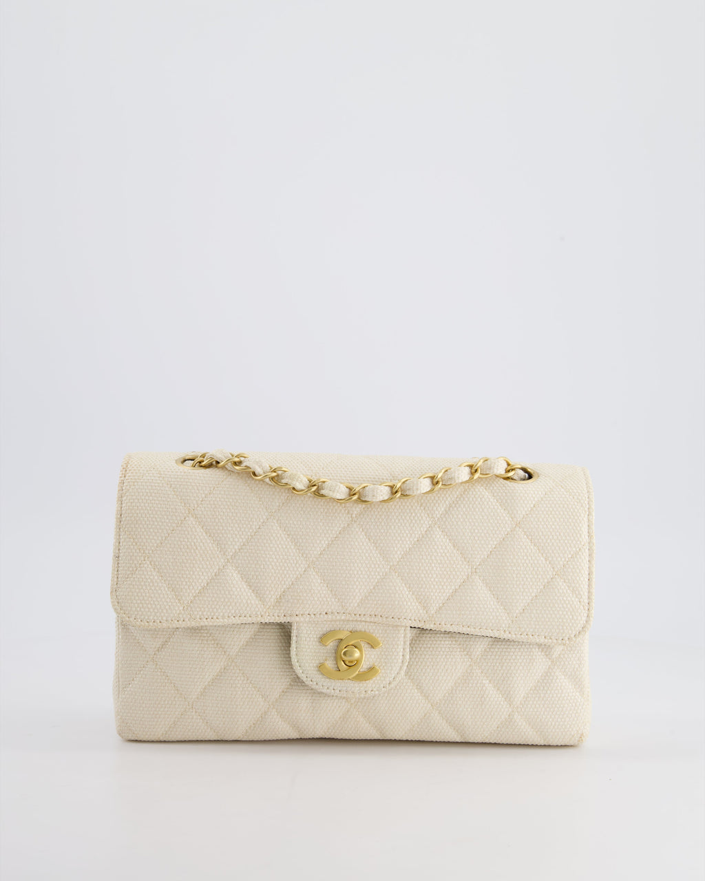 Chanel Vintage Beige Raffia Small Classic Double Flap Bag with Chocolate Brown Lambskin Interior and Brushed Gold Hardware