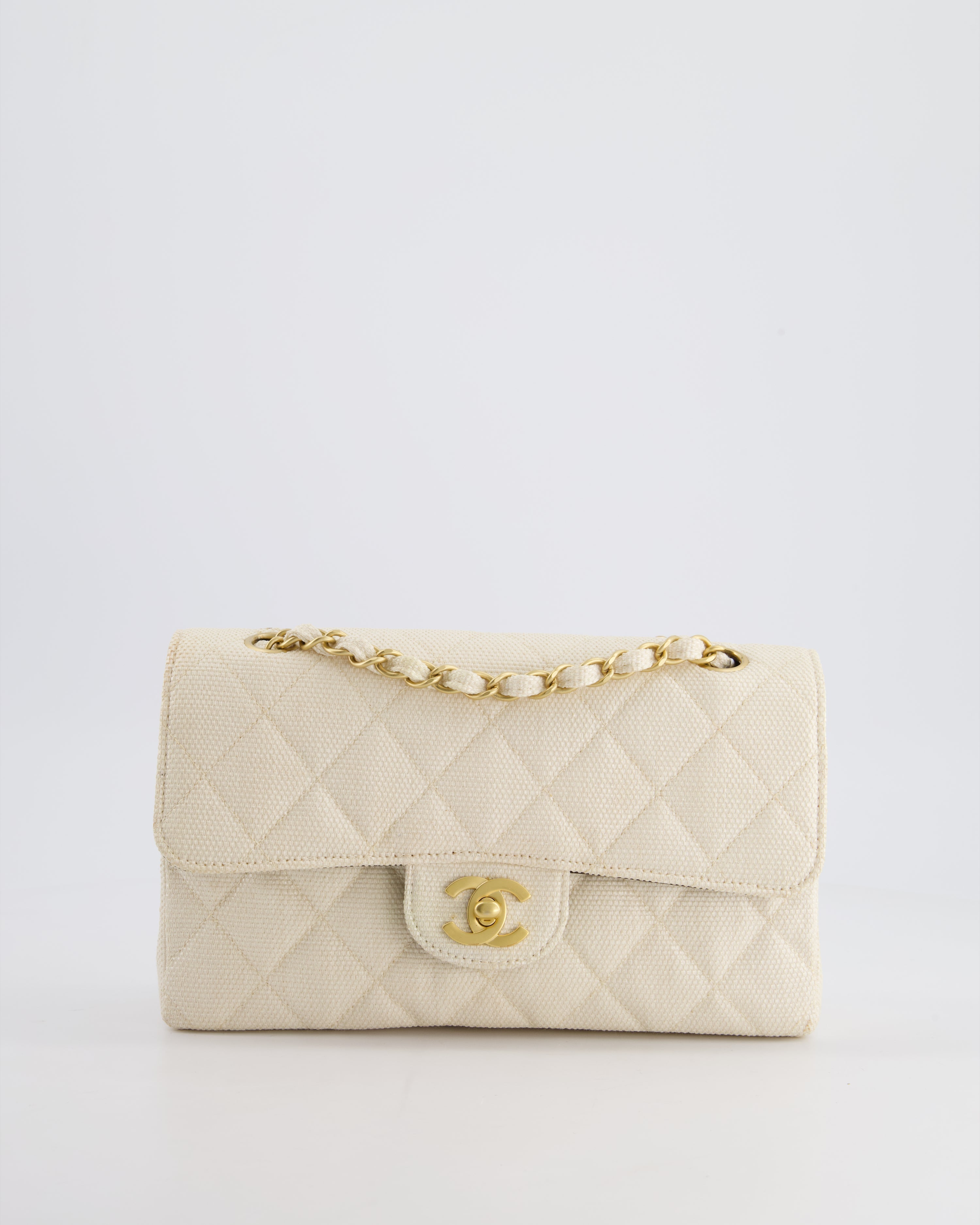 Chanel Vintage Beige Raffia Small Classic Double Flap Bag with Chocolate Brown Lambskin Interior and Brushed Gold Hardware