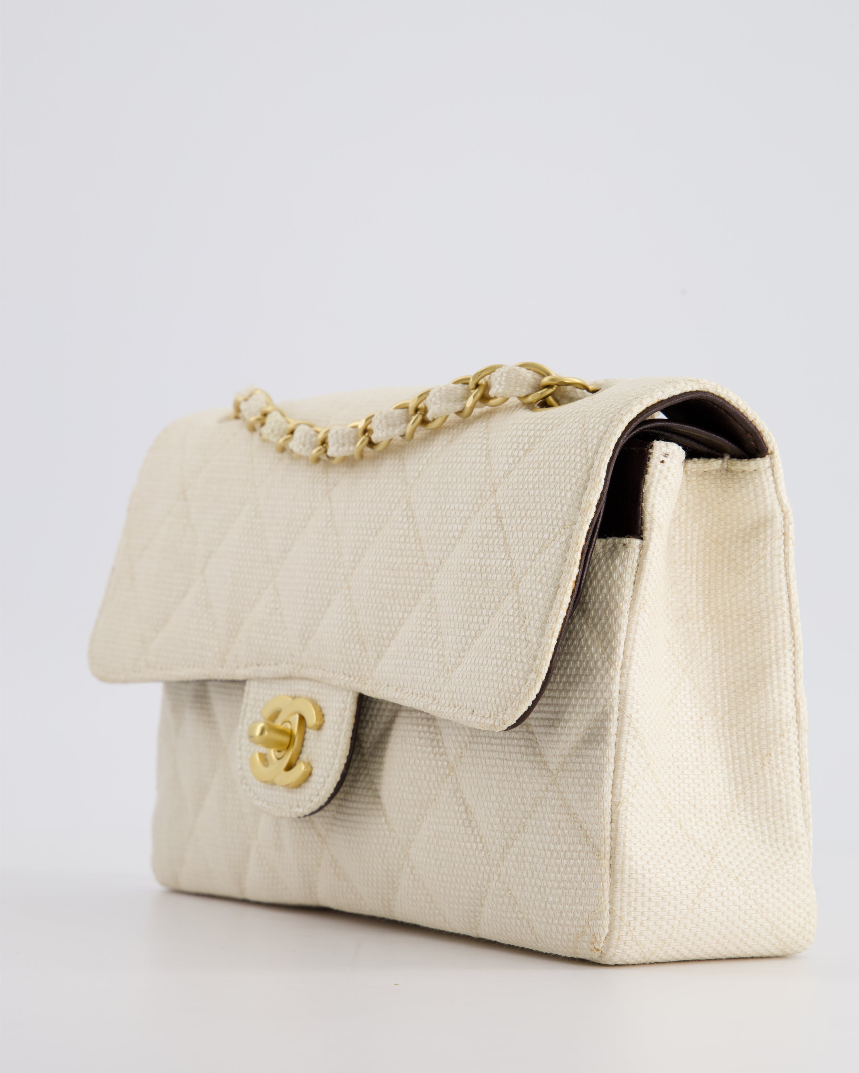 Chanel Vintage Beige Raffia Small Classic Double Flap Bag with Chocolate Brown Lambskin Interior and Brushed Gold Hardware