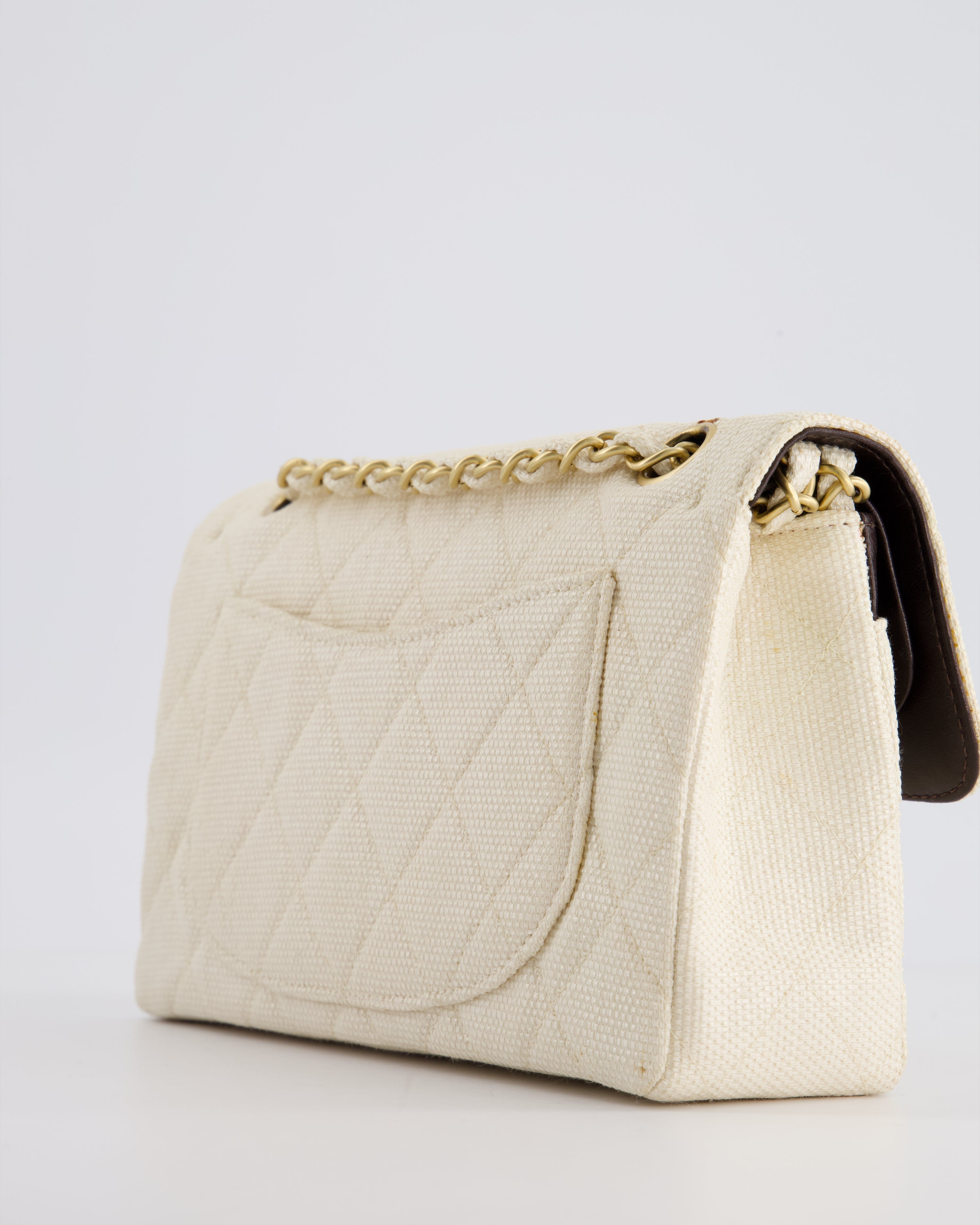 Chanel Vintage Beige Raffia Small Classic Double Flap Bag with Chocolate Brown Lambskin Interior and Brushed Gold Hardware