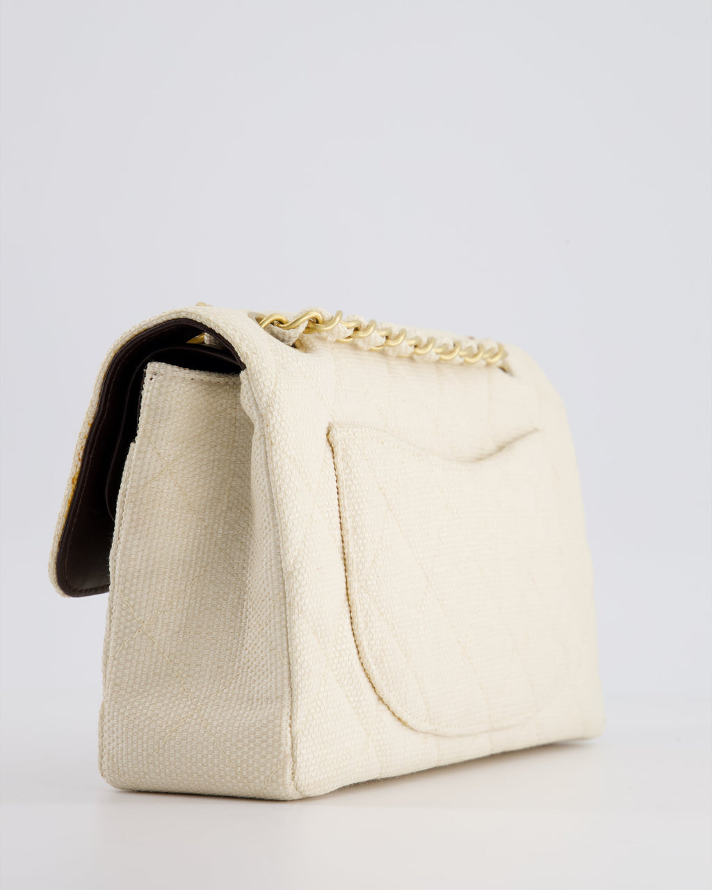 Chanel Vintage Beige Raffia Small Classic Double Flap Bag with Chocolate Brown Lambskin Interior and Brushed Gold Hardware