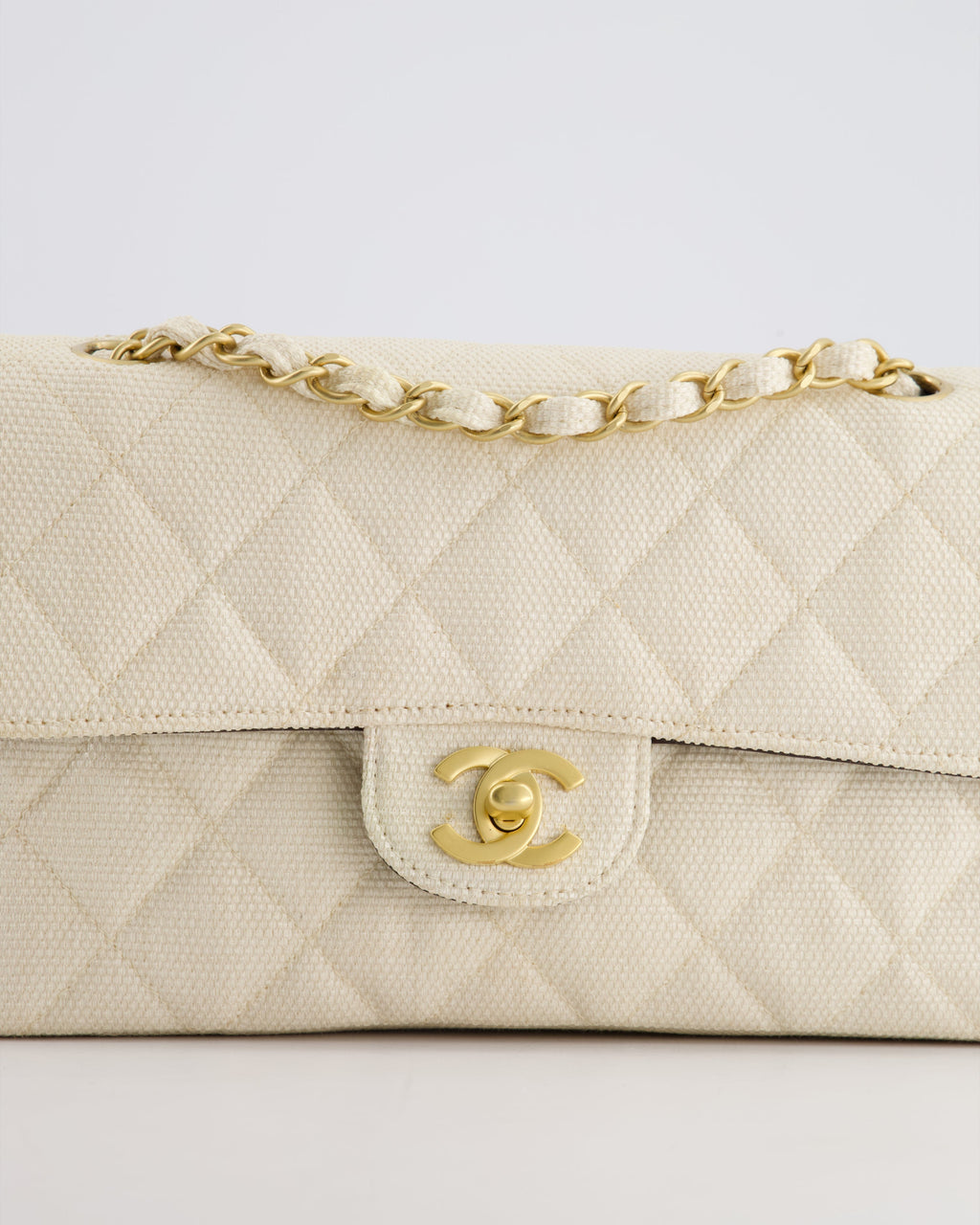 Chanel Vintage Beige Raffia Small Classic Double Flap Bag with Chocolate Brown Lambskin Interior and Brushed Gold Hardware