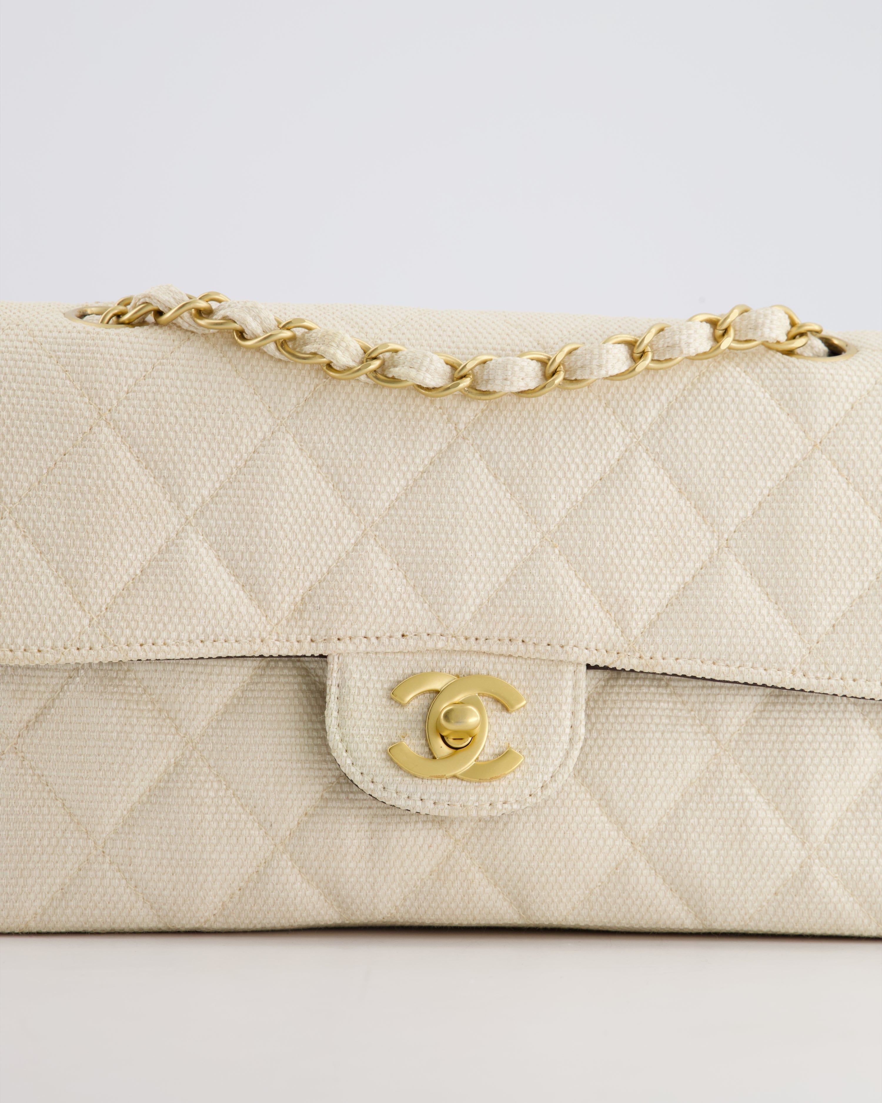 Chanel Vintage Beige Raffia Small Classic Double Flap Bag with Chocolate Brown Lambskin Interior and Brushed Gold Hardware