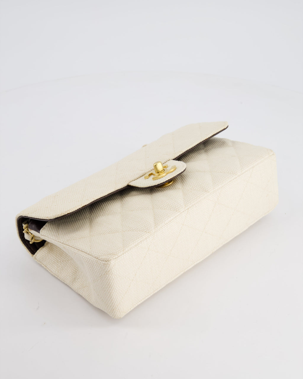 Chanel Vintage Beige Raffia Small Classic Double Flap Bag with Chocolate Brown Lambskin Interior and Brushed Gold Hardware